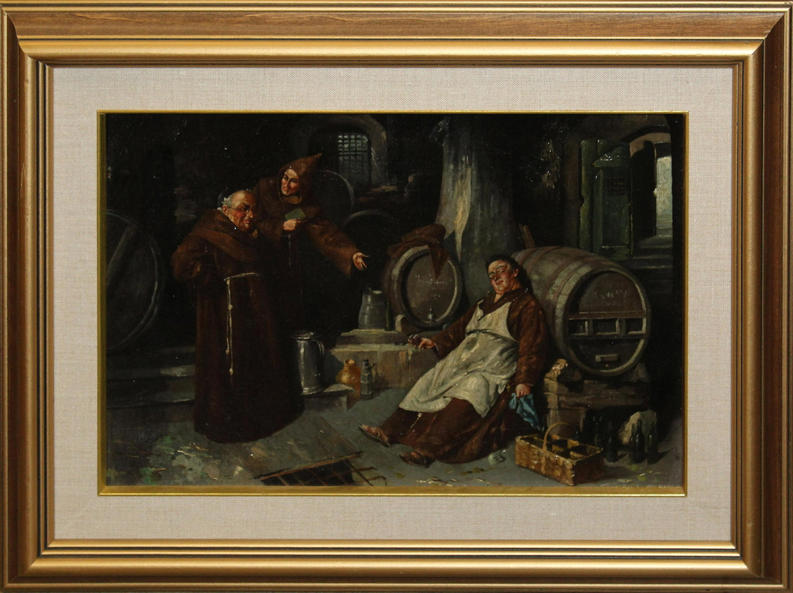 Edouard Von Grutzner (DE 1846-1925): Edouard Von Grutzner (German 1846-1925) Abbot looking disapprovingly at sleeping monk oil on canvas 10 x 15"