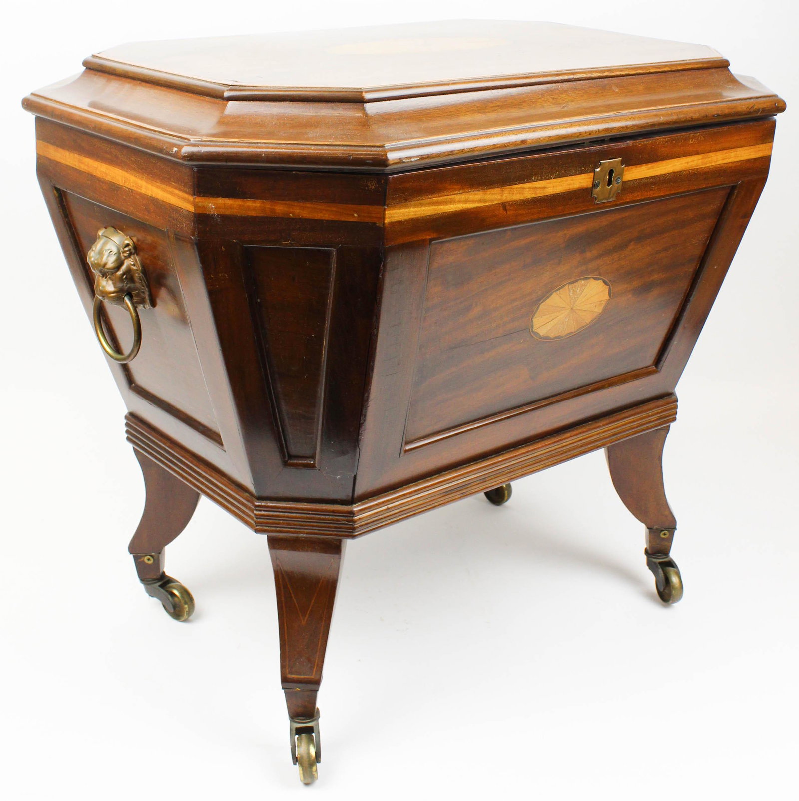 Signed English Mahogany Cellarette: 19th c Edwards & Roberts English inlaid mahogany cellarette, stamped Edwards & Roberts on upper rim under lid, 23 1/2" x 17" x 20 1/2"