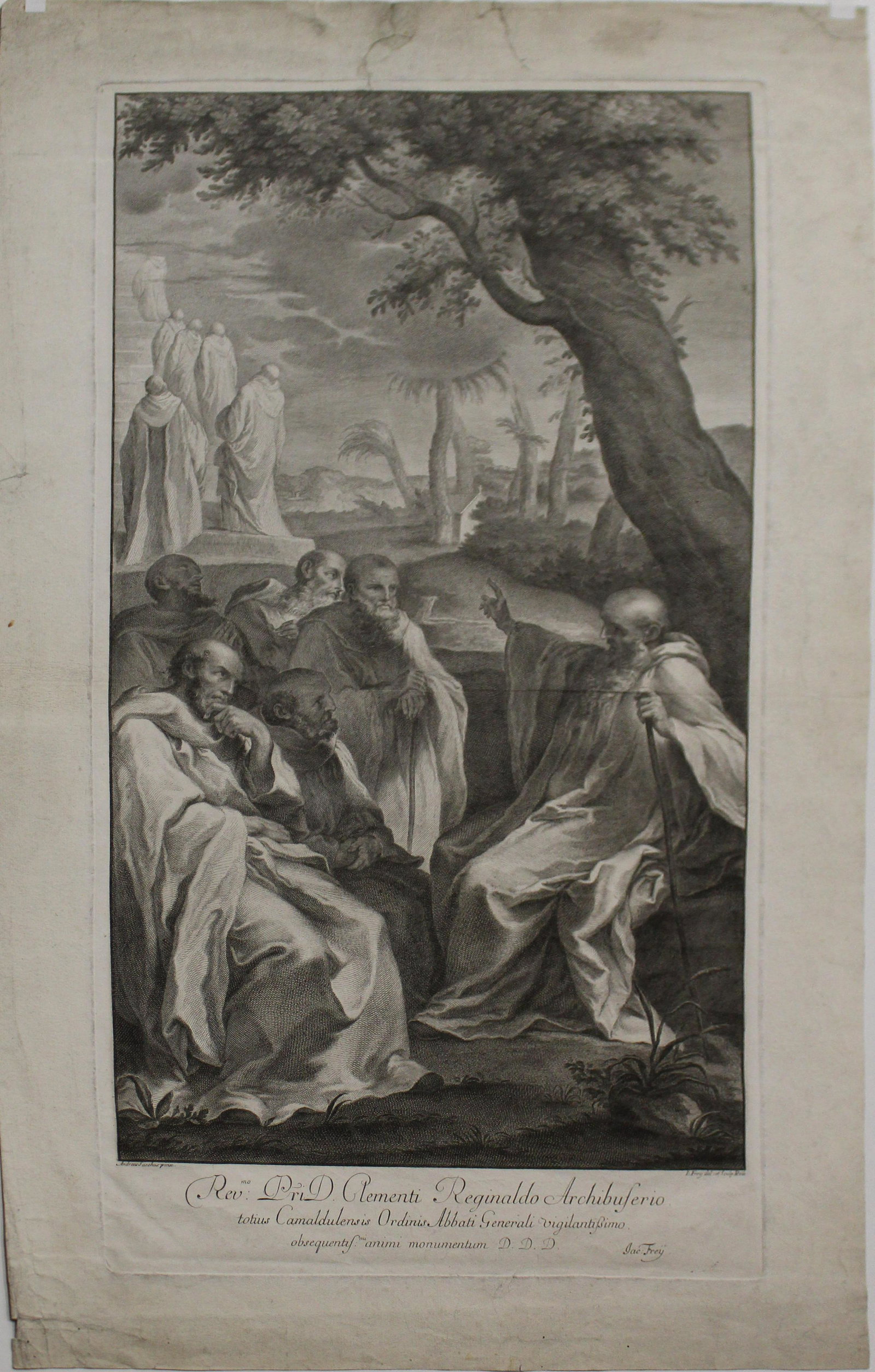 Johann Jacob Frey (SW 1681-1770) St. Remulad: Johann Jacob Frey (Swiss 1681-1770) engraving on paper after Andreas Sacchi "St. Remulad and His Monks"