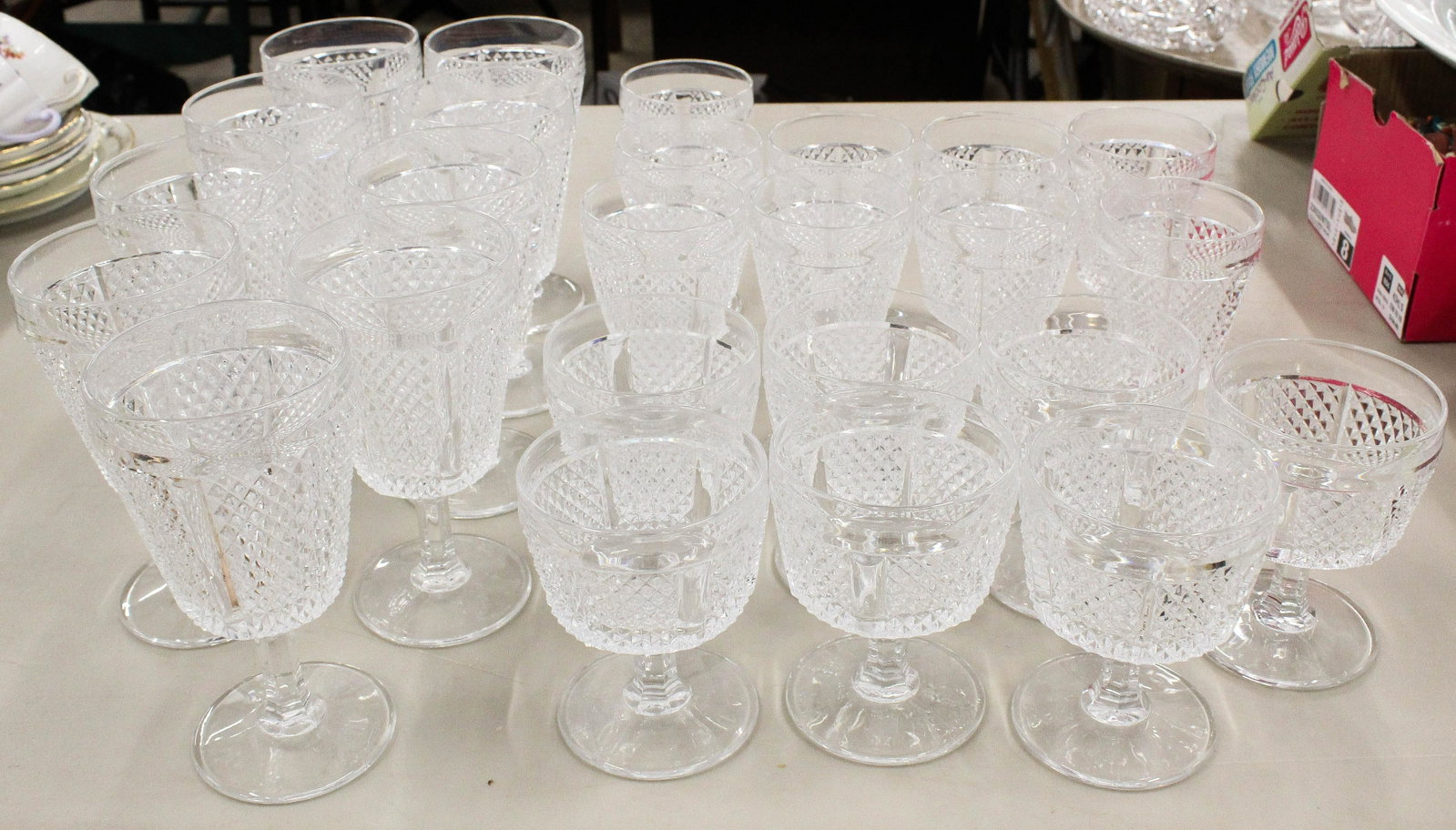 25 pcs. EAPG Diamond Panel Pattern Glass Goblets: 25 pcs. EAPG Gillinder & Sons "Diamond Panel" Pattern flint glass stemware including 9 water goblets, 9 wine glasses, and 7 footed dessert dishes ht. 4.25" -6.5"