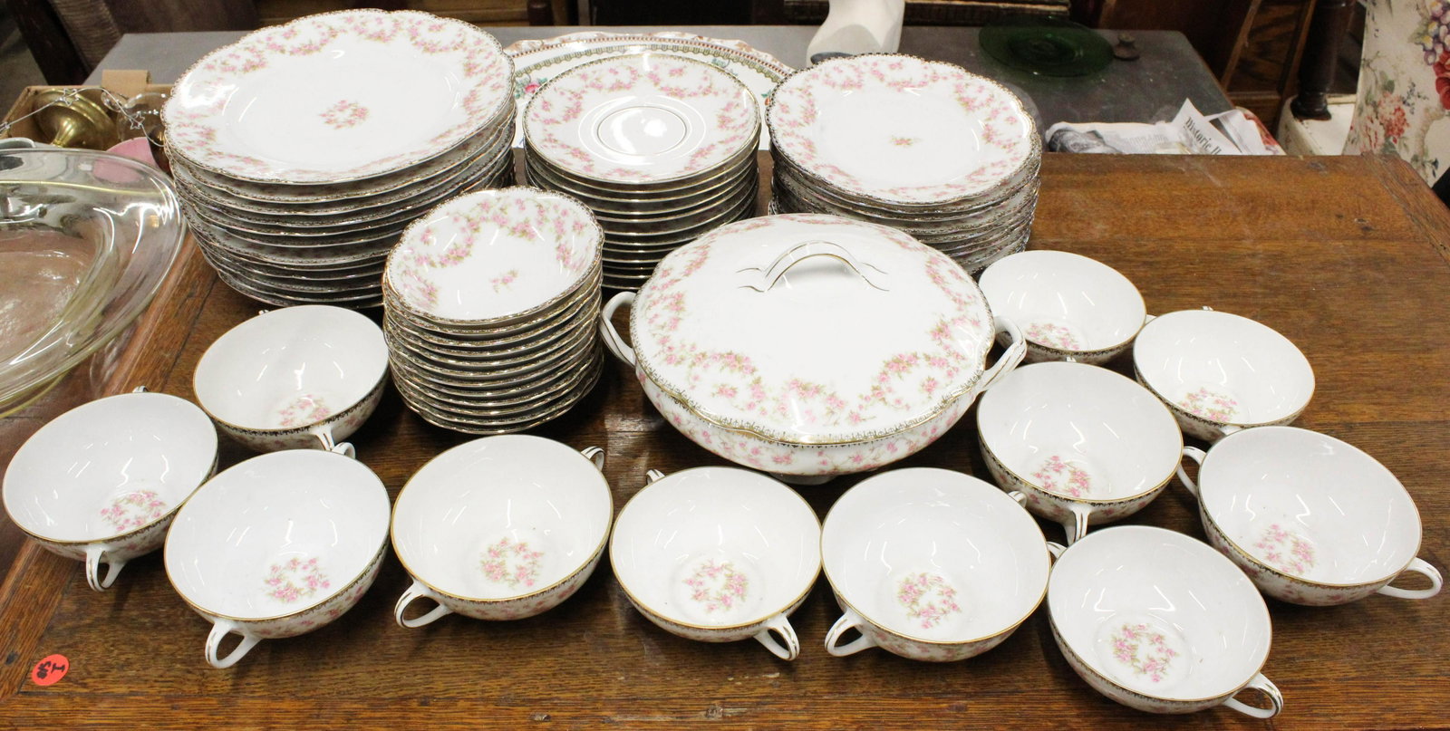 57 pcs. Altrohlau Bridal Rose Porcelain Dinnerware: 57 pcs. Moritz Zedekauer Altrohlau Czechoslovakia (Hutschenreuther) "Bridal Rose" pattern porcelain dinnerware with pink floral decoration, including covered serving dish, dinner plates, bouillon soup
