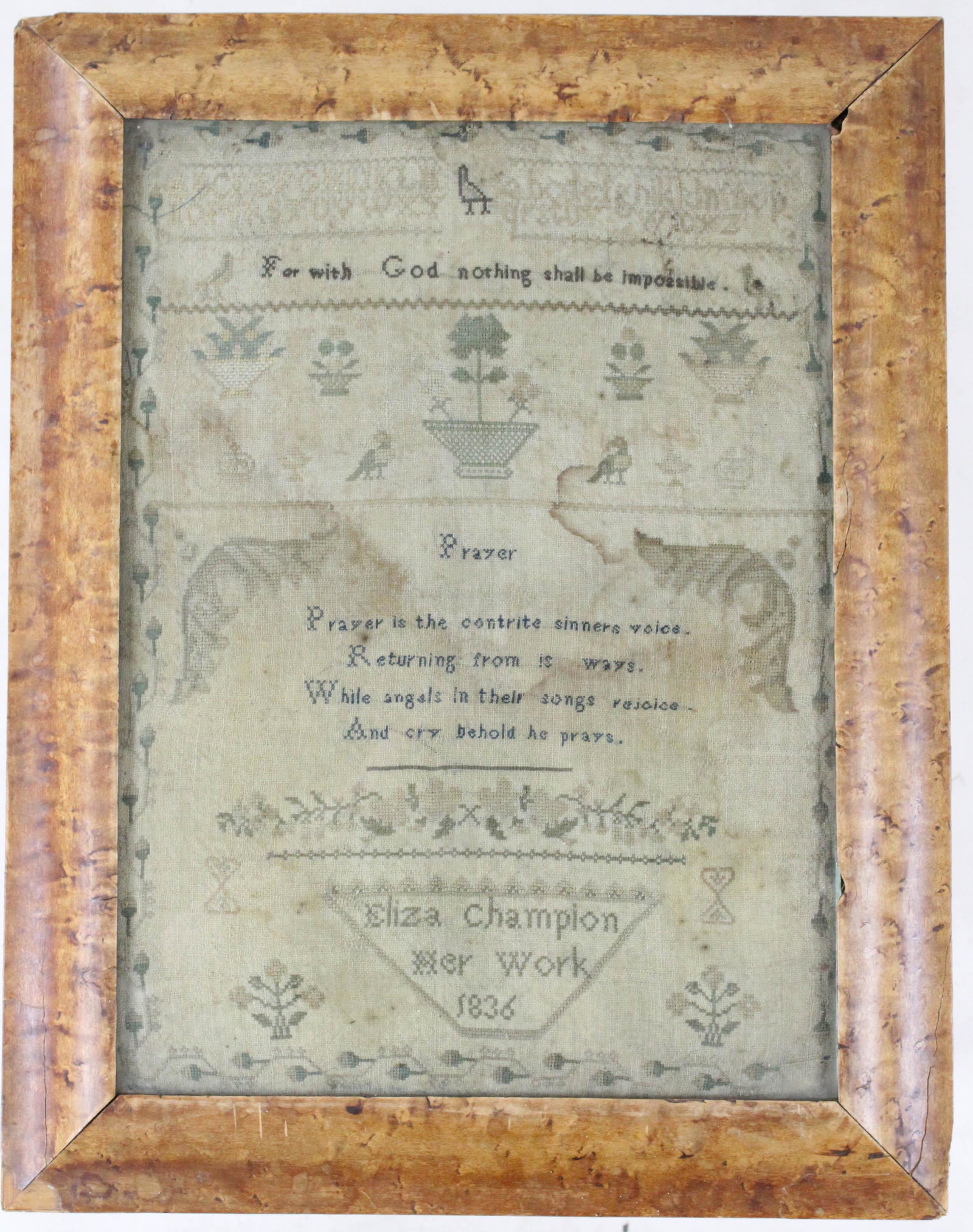1836 Elizabeth Champlon Needlework Sampler: 1836 Elizabeth Champlon schoolgirl needlework sampler, in birdseye frame, made into a small stand or side table, image size 16 1/2" x 12", frame size 20 1/2" x 16", table ht 18"