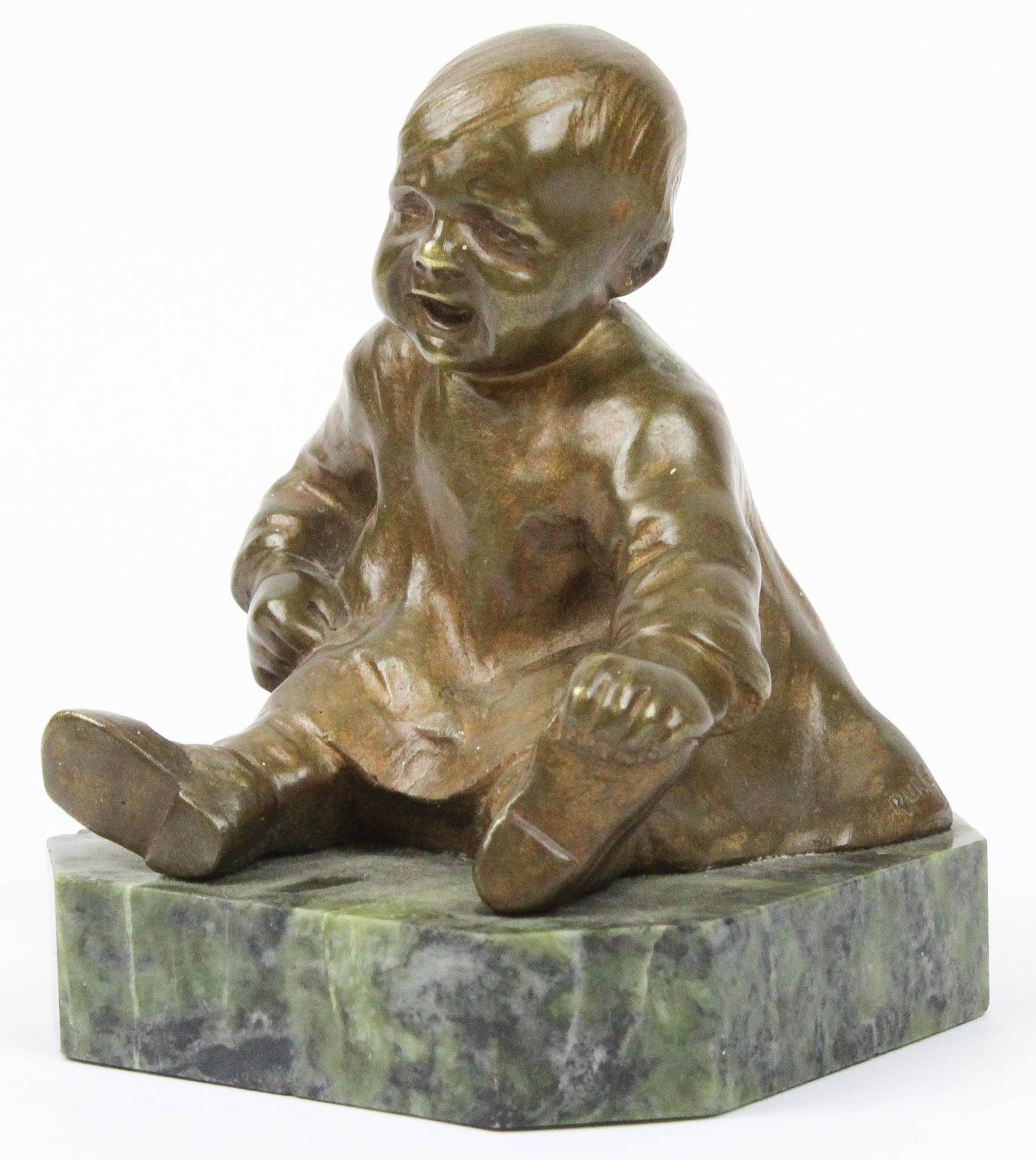 20th c Bronze Child Signed Rube: 20th c bronze sculpture of a child signed Rube (Reuben Lucius Goldberg 1883-1970), ht 3 1/2", overall ht with base 4"