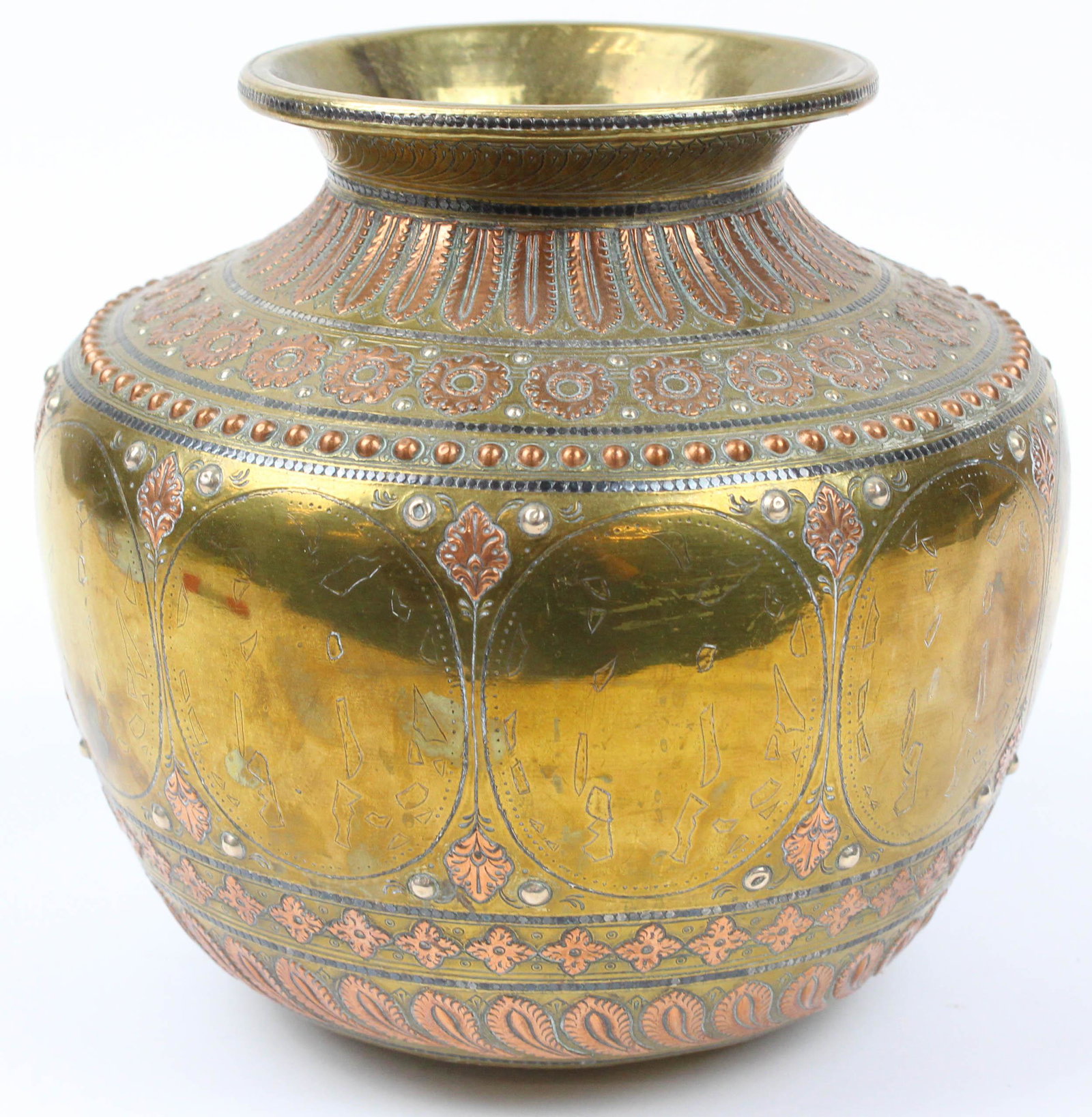 Damascus Ware Mixed Metals Pot: Damascus ware mixed metals brass, copper, & silver pot, drilled & filled, ht 7 1/2", diameter 7 1/2"
