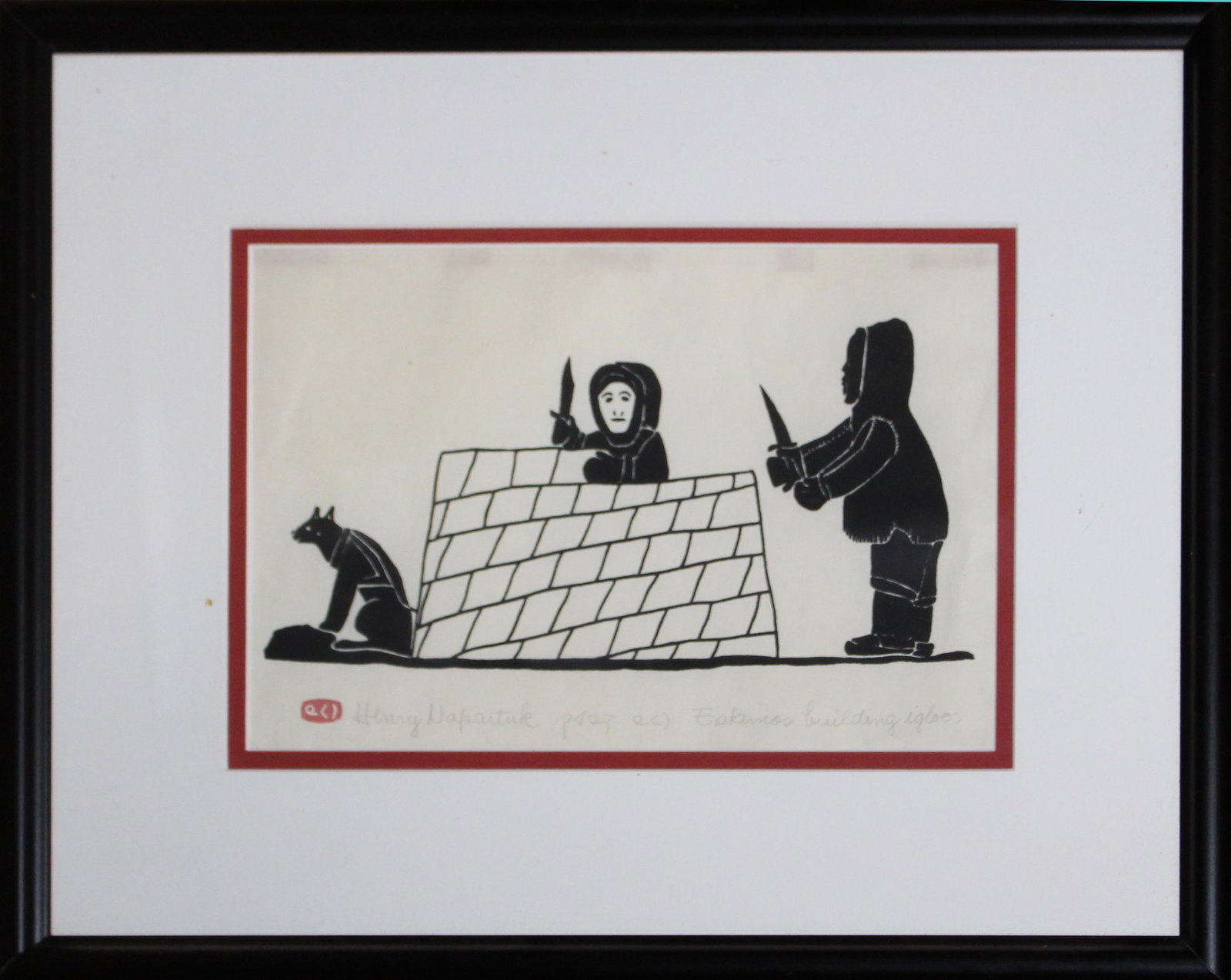 Henry Napartuk (IN 1932-1985): Henry Napartuk (Inuit 1932-1985) stone block print on paper signed and identified lower margin, " Eskimos Building Igloo"(sic) 6 x 9"
