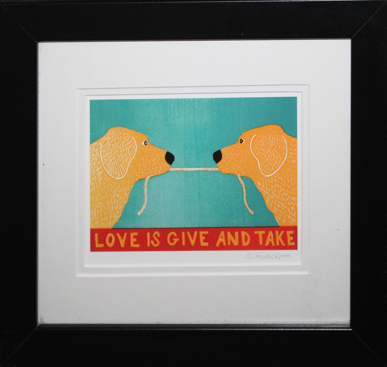 Stephen Huneck (VT 1948-2010): Stephen Hueneck (Vermont 1948-2010) Love Is Give and Take offset lithograph signed in pencil lower margin 5 x 7"