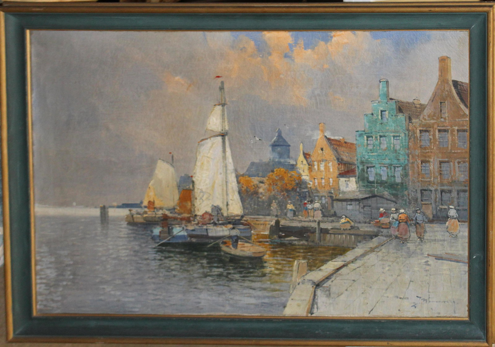 Gregor Fischhof (AU 1859-1914): Gregor Fischhof (Austrian 1859-1914) Dutch Harbor scene signed as J Wagner - Fishhof painted under a number of different pseudonyms including Wagner oil on canvas 20 x 30"