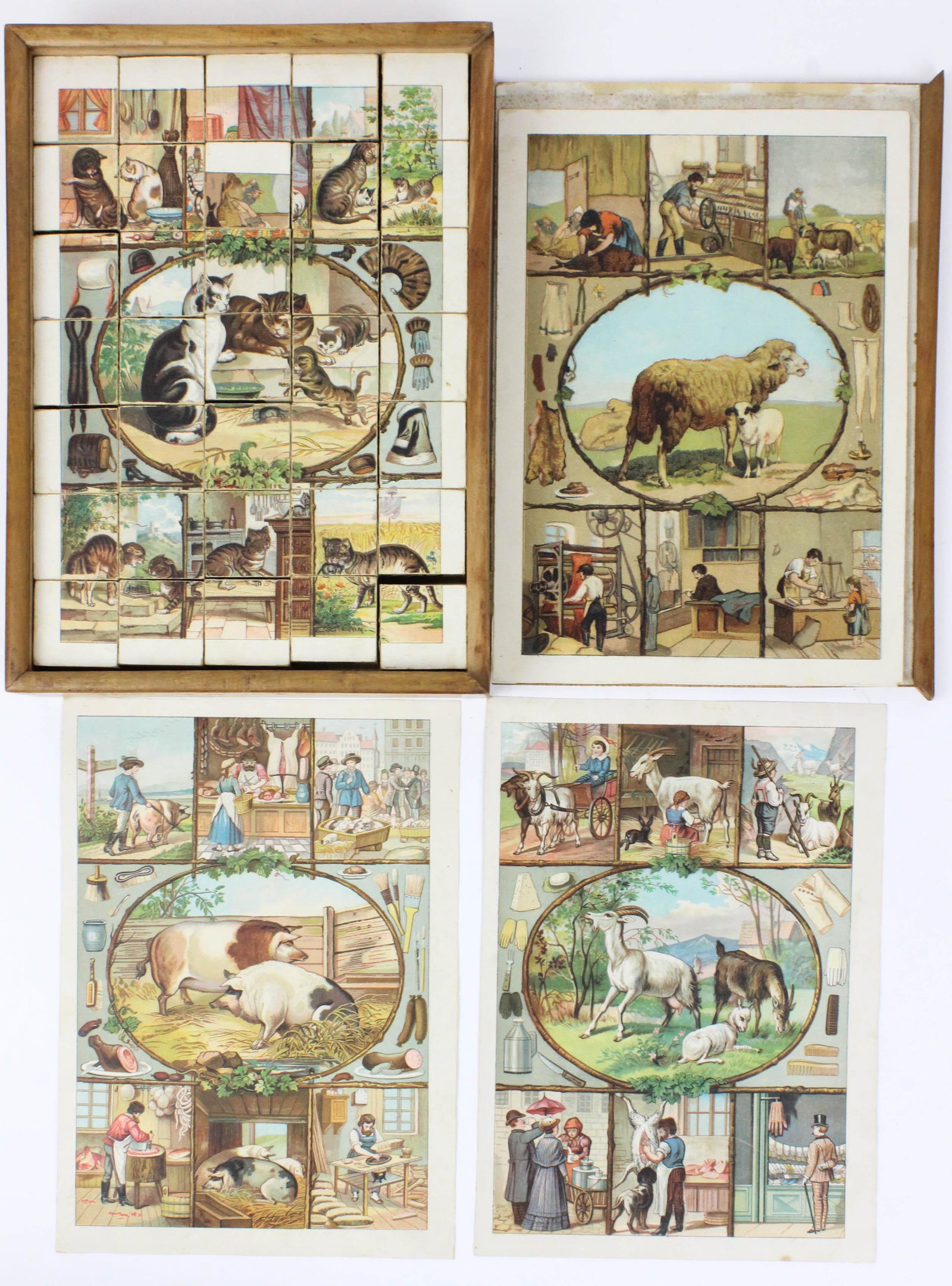 German Puzzle Block Set with Litho Prints: German wooden puzzle block set with colorful litho prints, 5 loose leaf prints plus the print on the lid, shows each of 6 puzzle scenes on the blocks, 13" x 9 1/2" x 2 1/2"