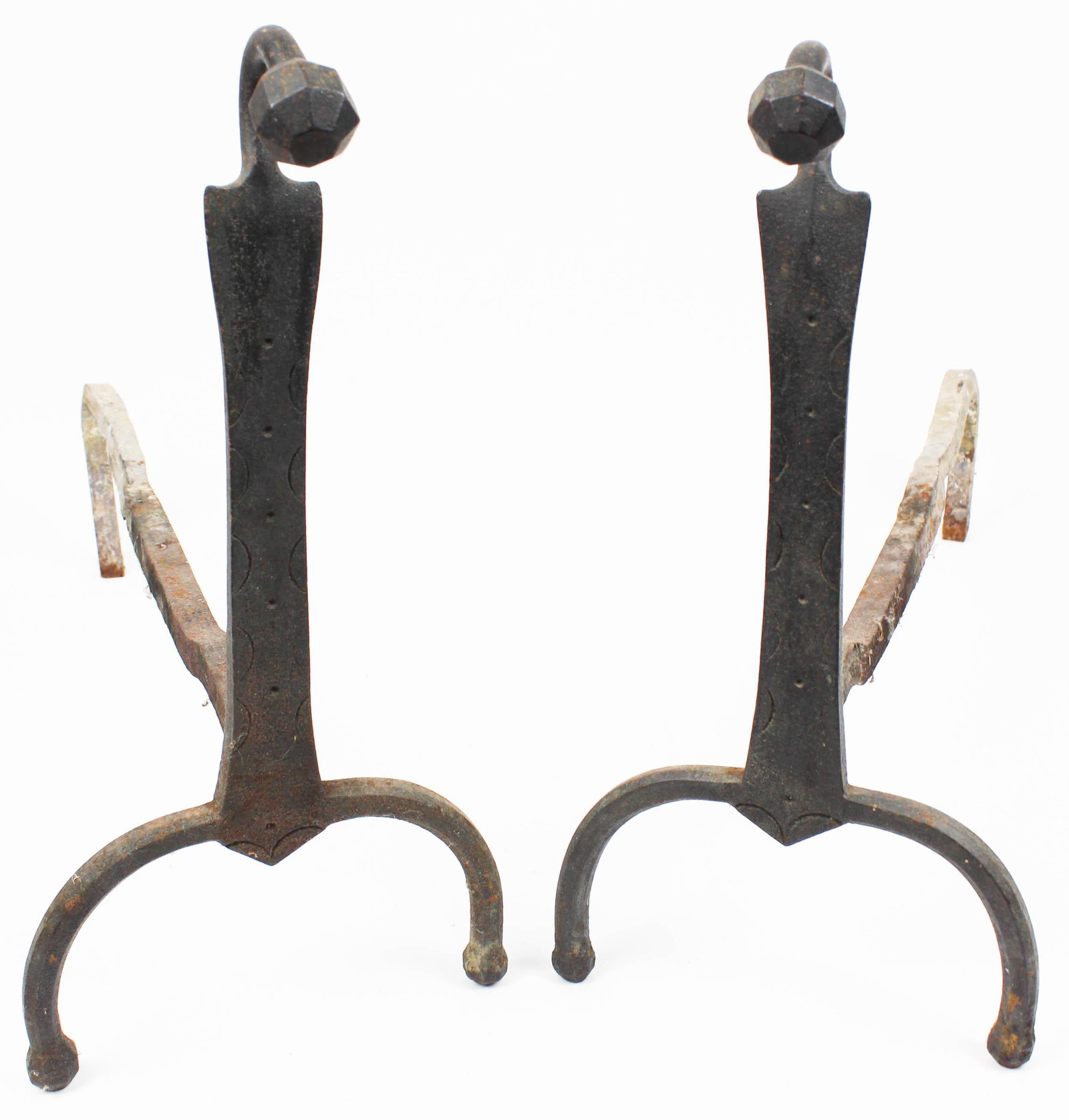 Late 18th c Decorated Gooseneck Andirons: Late 18th c decorated gooseneck andirons, probably ca 1760, front faces dot punched & wavy line decorated, burnt off ends restored, ht 16 1/2"