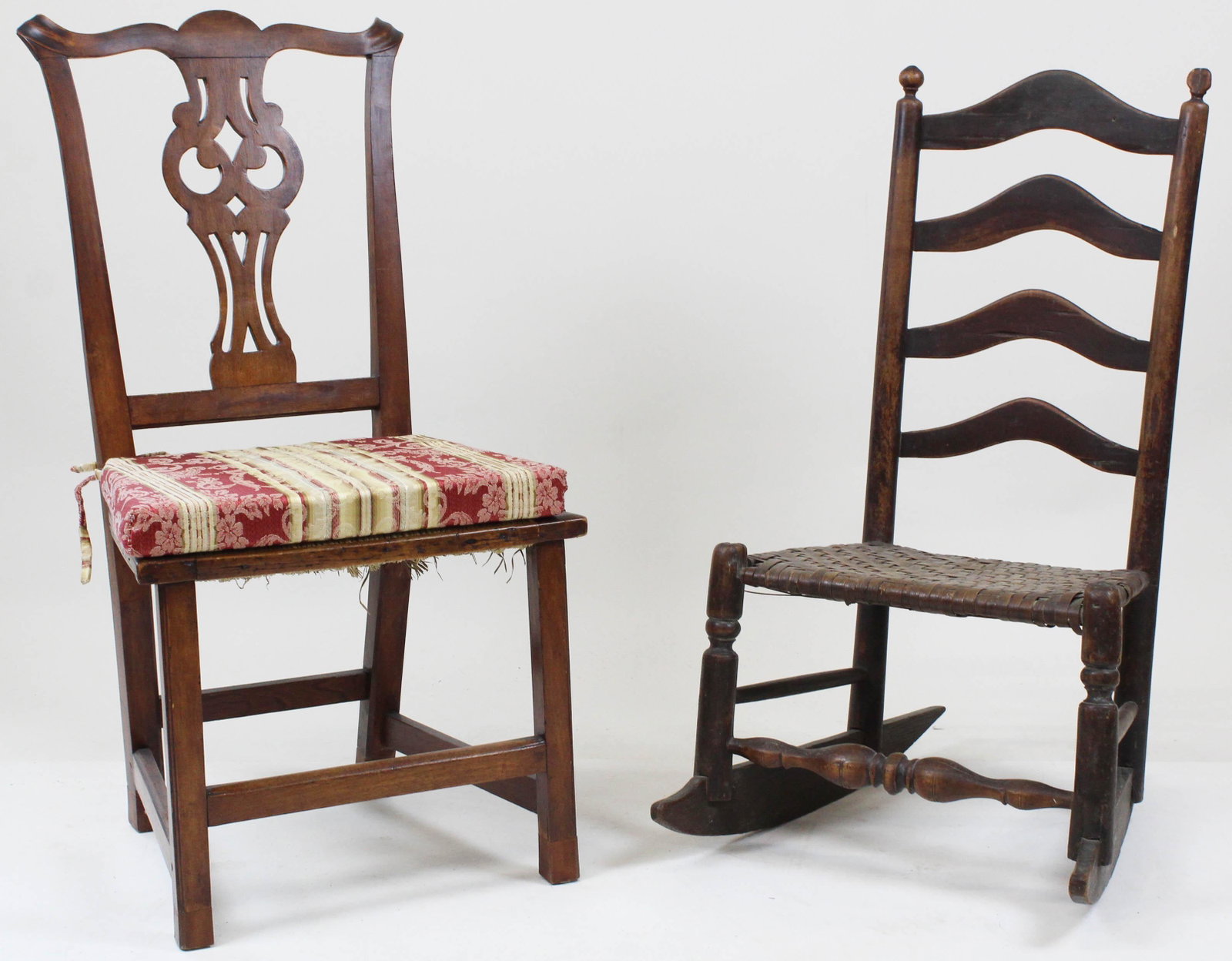 Two 18th c American chairs.: Two 18th c American chairs including an owl eye Chippendale side chair with molded legs and a rush seat and a Delaware River Valley ladder back ladies rocker with splint ash seat. Old surface, & bold 