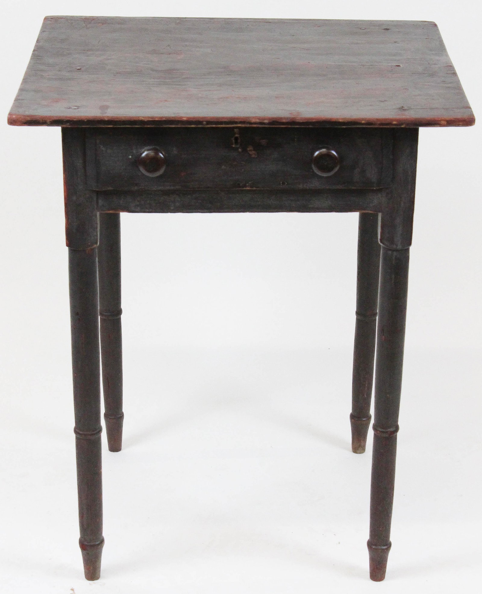Sheraton 1 drawer stand in old red brown: Southern or Virginia 19th c Sheraton 1 drawer stand in original red brown surface. Long southern pine. Original turned knobs and lipped drawer. Nails added to top. 28 1/2" h, 24"w , 20"d.