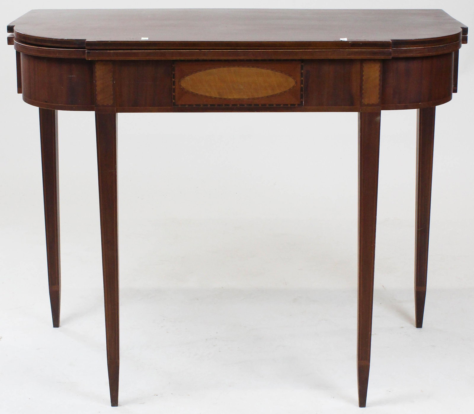 Hepplewhite mahogany lift top inlaid card table: Bench made Hepplewhite style block front inlaid mahogany card table. String inlaid front edge, center block front with oval flame birch panel, banded inlay, flame birch rectangular leg panels, banded 