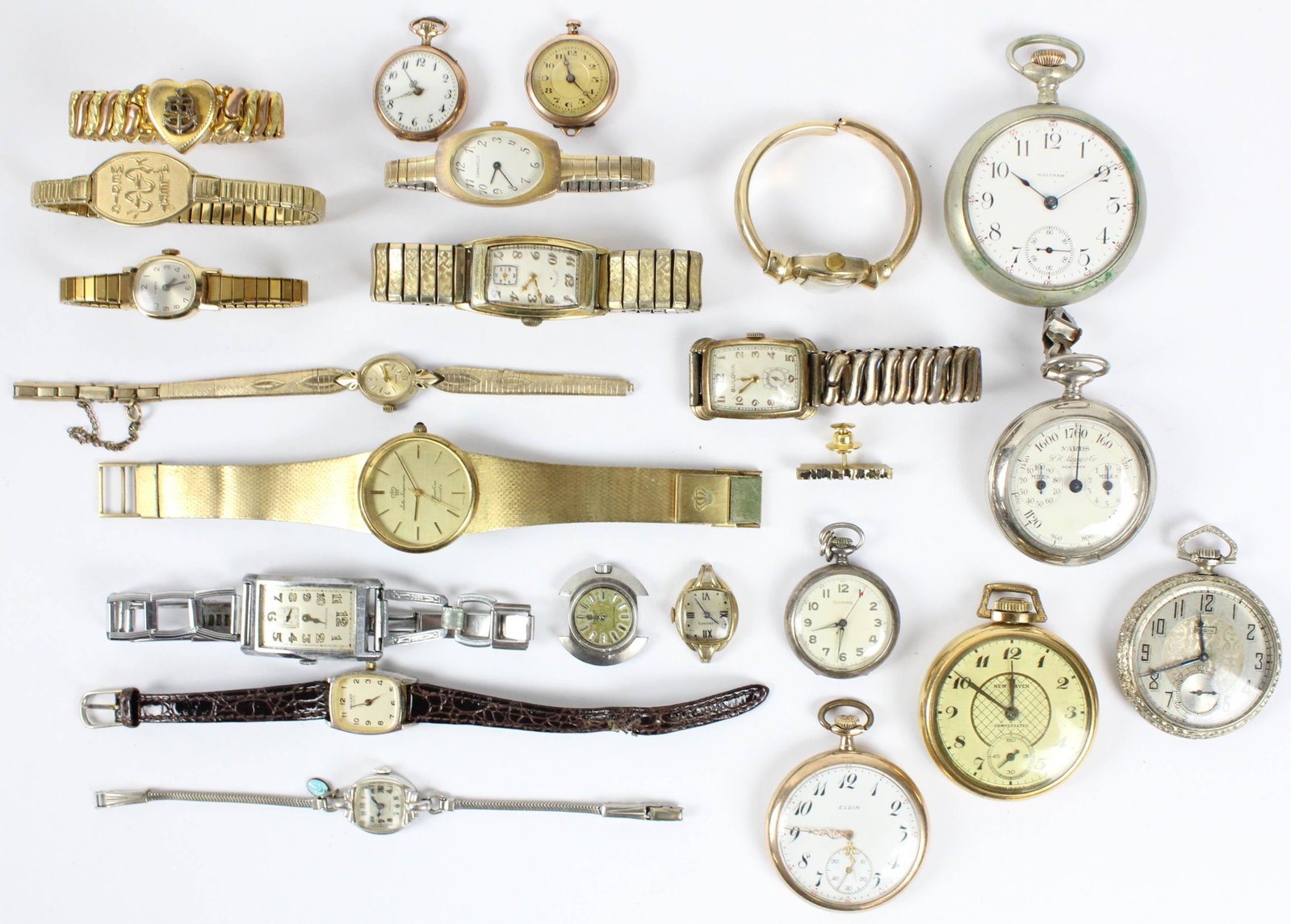 Vintage watches: large group of vintage wrist and pocket watches. 7 pocket watches Waltham, Elgin, New Haven. 11 Wrist watches including Lord Elgin, Jules Turgensen, Bulova, Tavannes.