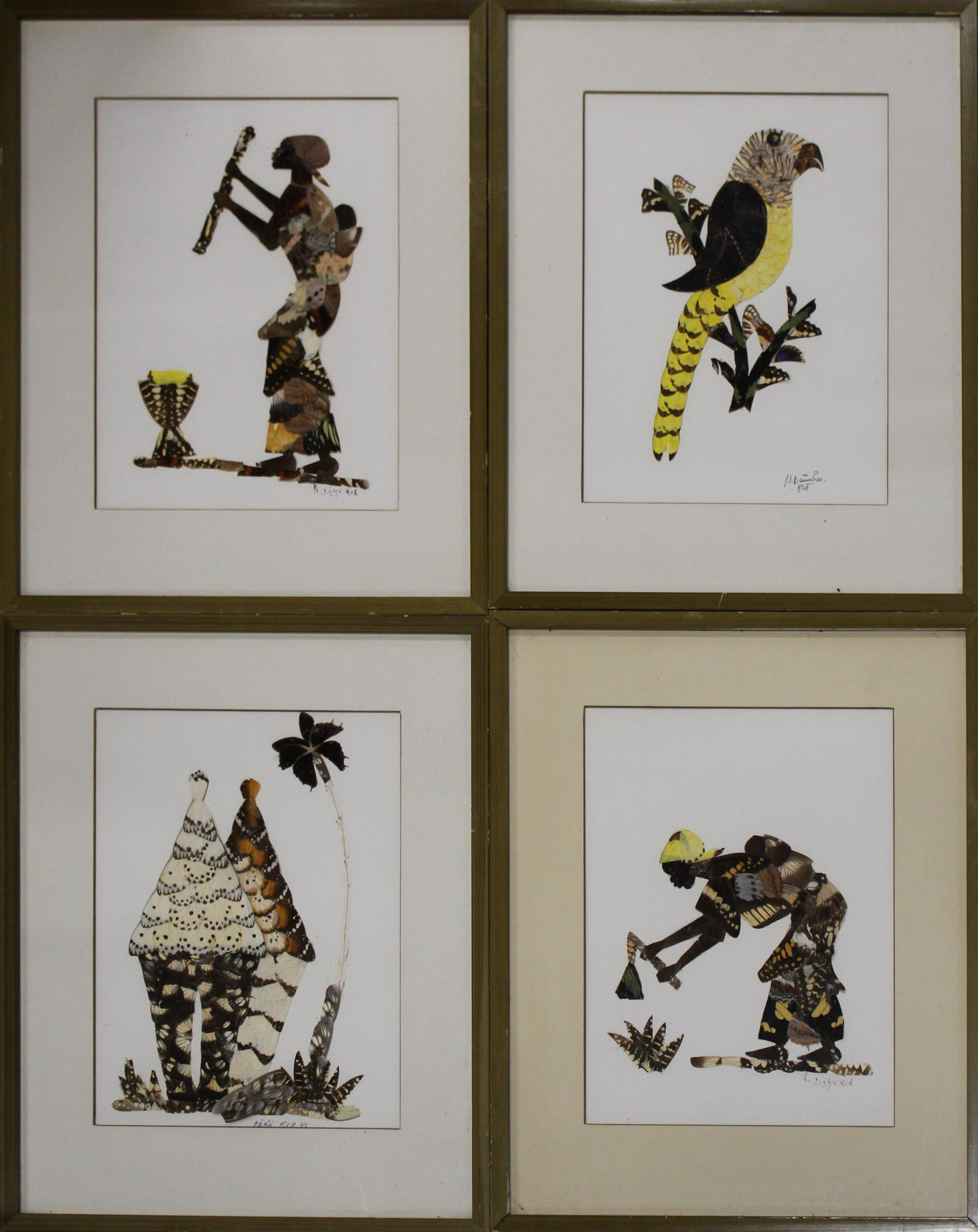 Four Caribbean School Butterfly Wing Assemblages: Four Caribbean School butterfly wing assemblages signed lower right with various signatures each approx 12 x 8"