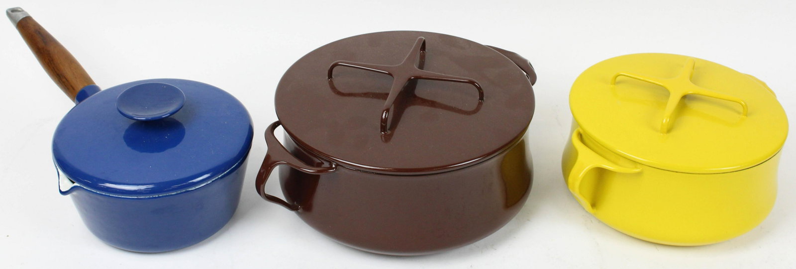 3 pcs. Enameled Cookware incl. Dansk, Copco: 3 pcs. Enameled Cookware inc excellent condition including 2 Dansk covered Dutch oven, Copco cast iron stock pot with teak handle