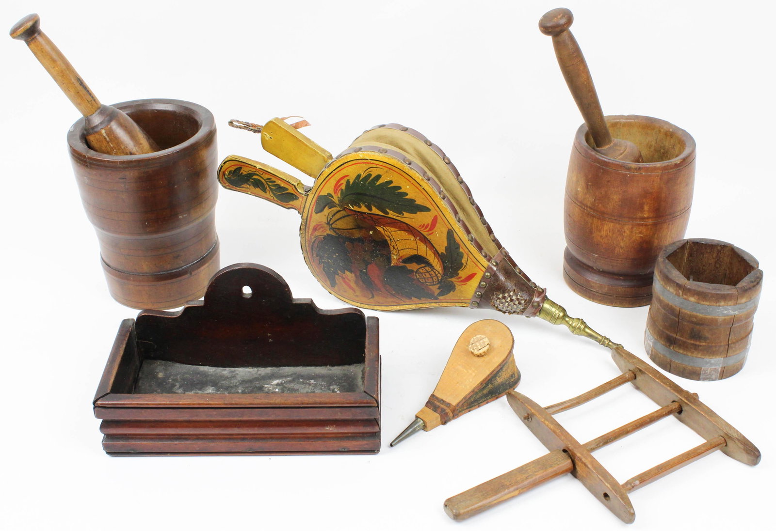 Early 19th c Wooden Kitchenware: Early 19th c wooden kithenware - mortars & pestles painted bellows, wall box, butter print, miniature bellows, string winder (7 pcs), hts/ lengths 4" to 18"