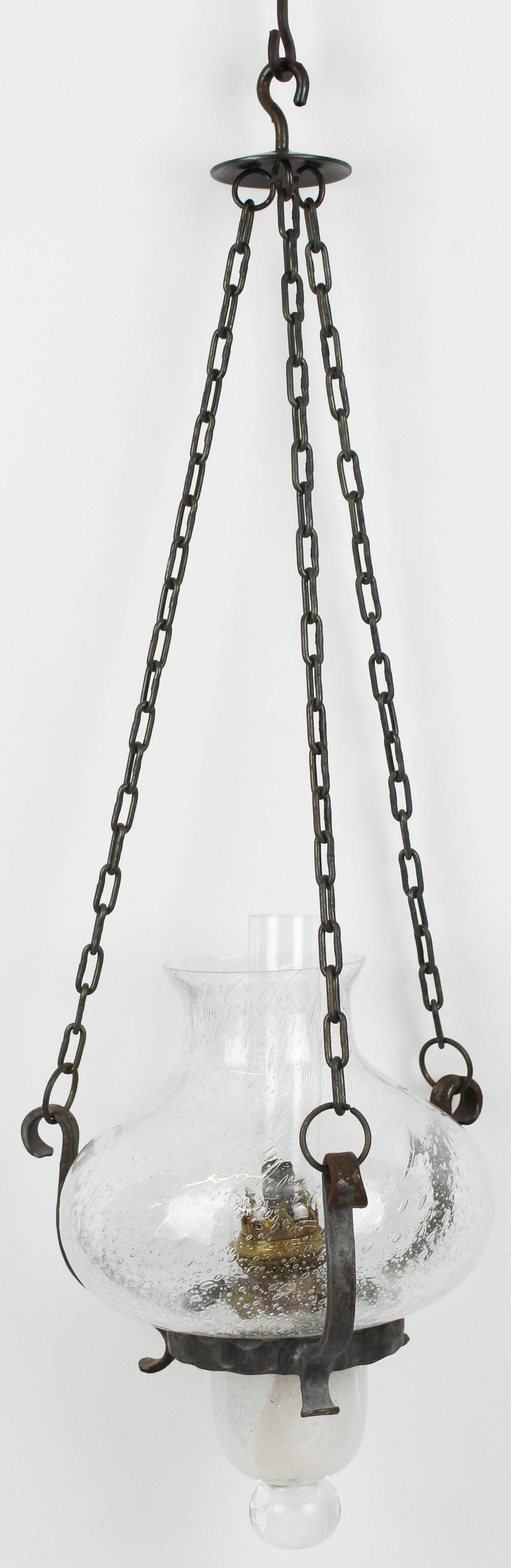 Erik Hoglund Glass Chandelier: Erik Hoglund (Swedish 1932 Boda Glass Works), bubbly clear glass and iron chandelier, width 8", ht 26"