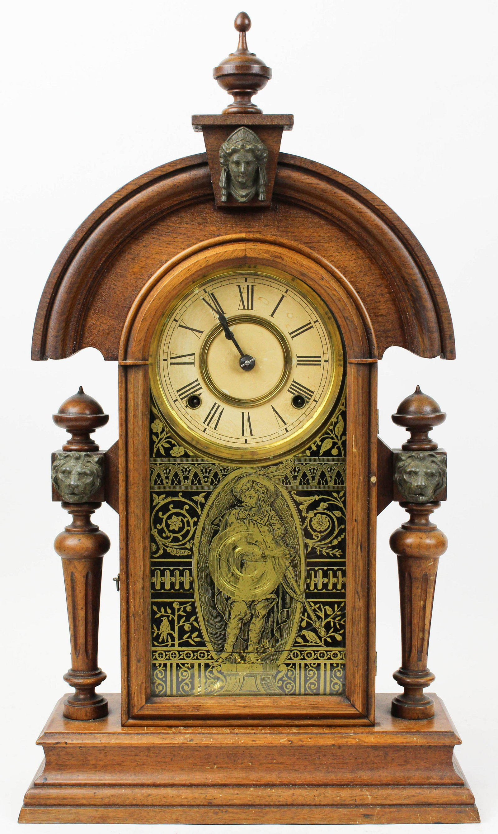 Ansonia King Victorian Shelf Clock: Ansonia "King" Victorian black walnut shelf clock, gilt glass panel with cavalryman with sword, jenny Lind & Lions applied decorations, ht 24"
