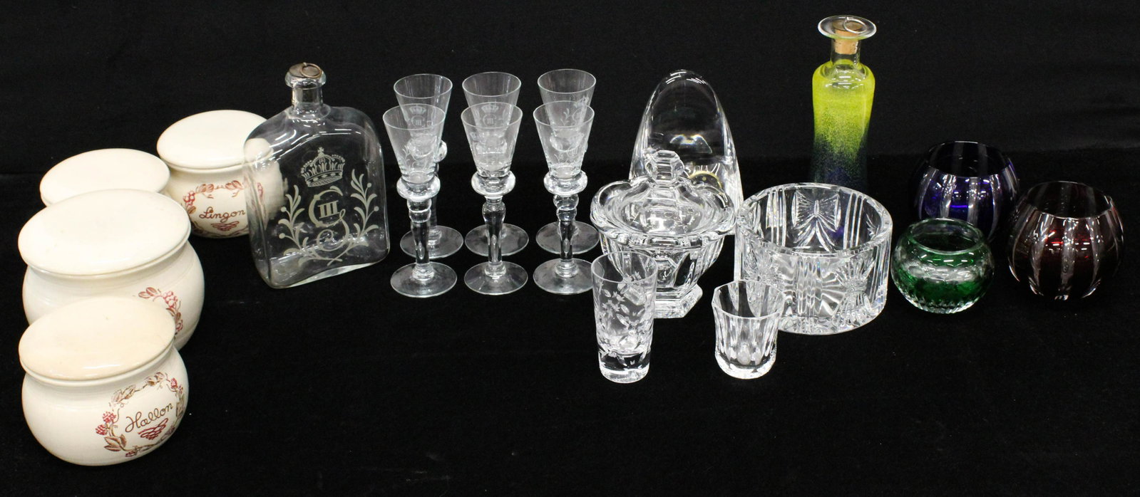Lot of European Crystal and Pottery Items: Lot of Swedish Glass and Pottery Items including 4 Gustavsberg preserve jars, Baccarat French crystal covered dish, 2 Faberge colored flashed votive holders, Baccarat and Faberge shot glasses, Swedish