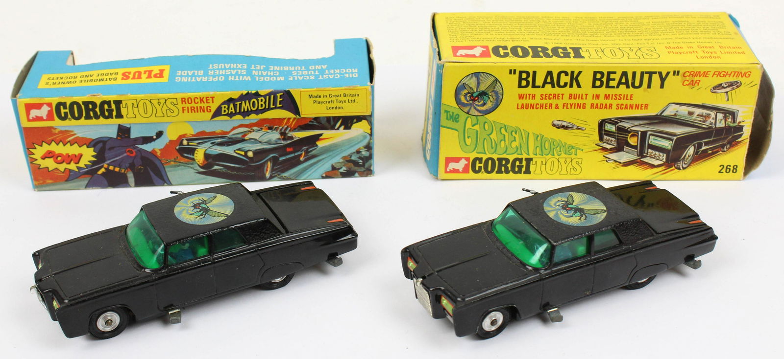 Corgi Green Hornet Black Beauty Cars, Box: 2 ca 1966 Corgi Green Hornet Black Beauty cars (missing rockets, flying radar scanners), 1966 box (one end flap missing), and 1966 Rocket firing Batmobile empty box (small area of paper loss on bottom