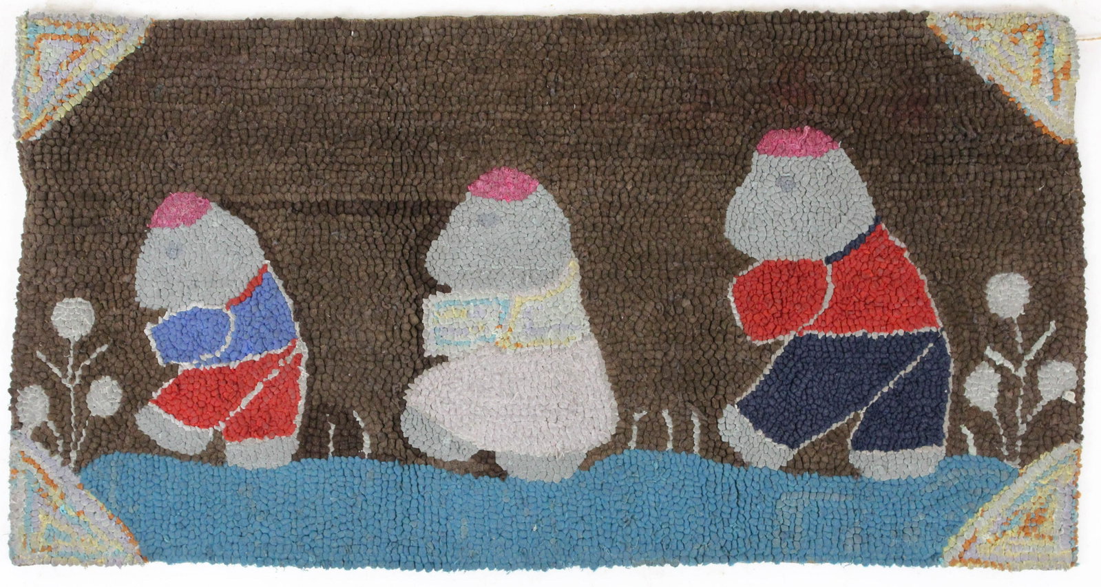 Folky Mid 20th c Three Bears Hooked Rug: Folky Early to Mid 20th c Three Bears hooked rug (appear to be Moomins- Finnish cartoon characters, or could be bears), 1' 6" x 3'