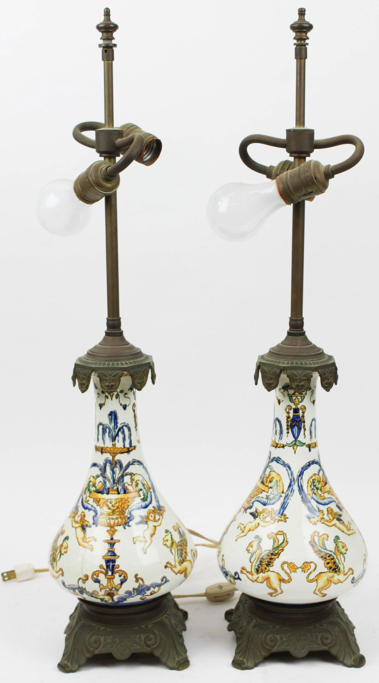 Pair of Early 20th c French Gien Vase/ Lamps: Pair of early 20th c Gien French faience pottery vase/ lamps, with custom yellow fringed decorator shades, vase ht 10", overall ht 27"