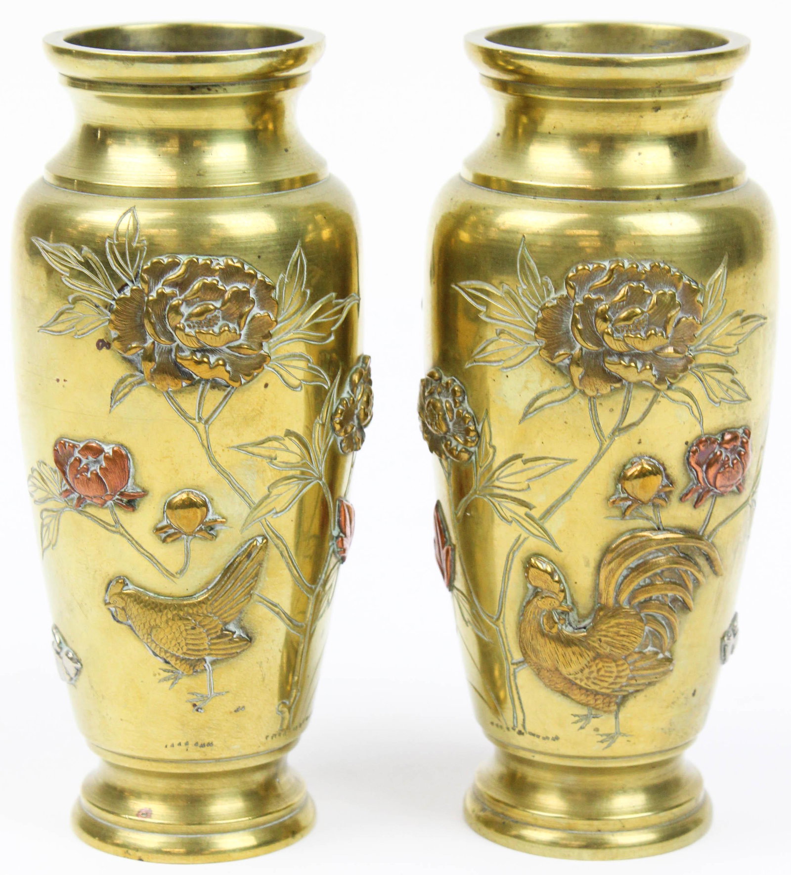 Pair of Japanese Meiji Mixed Metals Vases: Pair of Japanese Meiji mixed metals vases- brass with copper, red copper, and silver, ht 4 3/4" each, one with slight dent in base rim