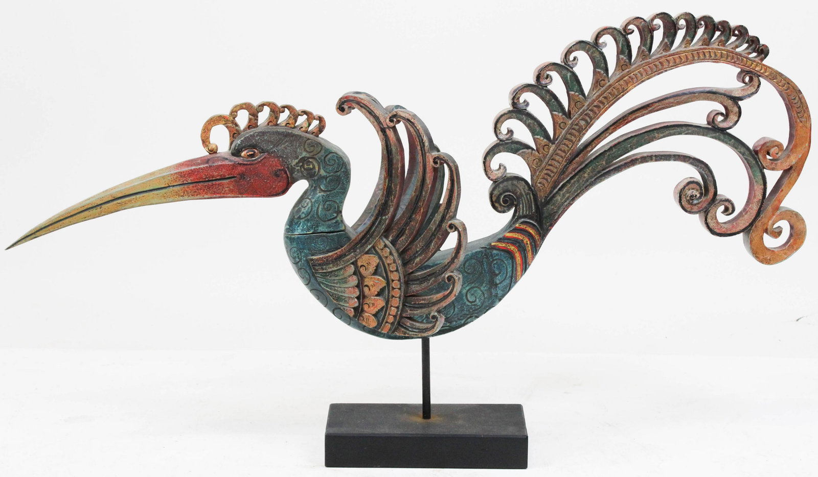 Large Contemporary Indonesian Carved Bird: Large Contemporary Indonesian carved & polychrome painted wooden bird, ht 24 1/2", length 42", head & base detachable, body length 28 1/2"