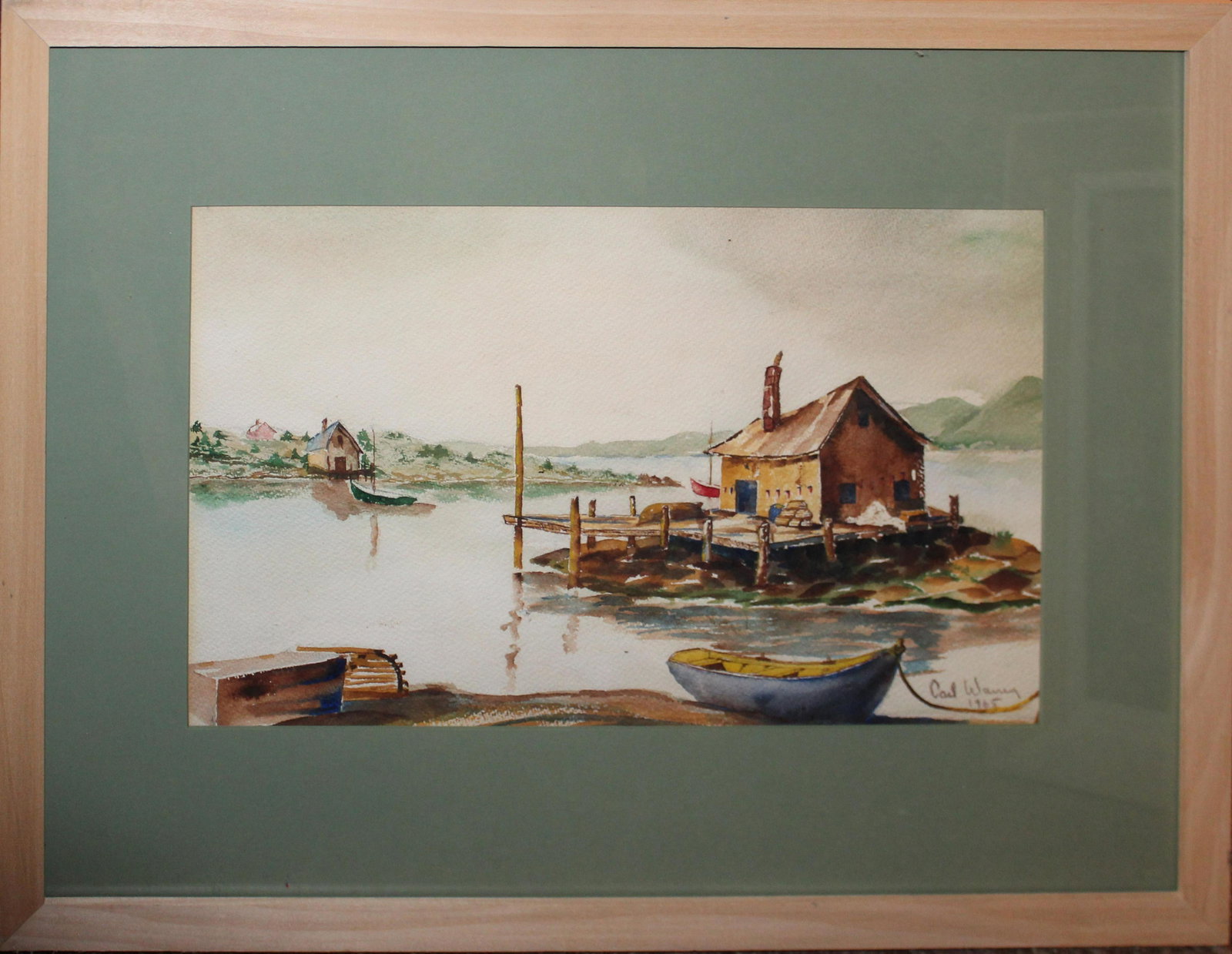 Carl Warner (20th c ) Scandinavian landscape: Carl Warner (20th c) Scandinavian landscape with fishing boats dated 1965 watercolor on paper signed lower right 10 x 18"