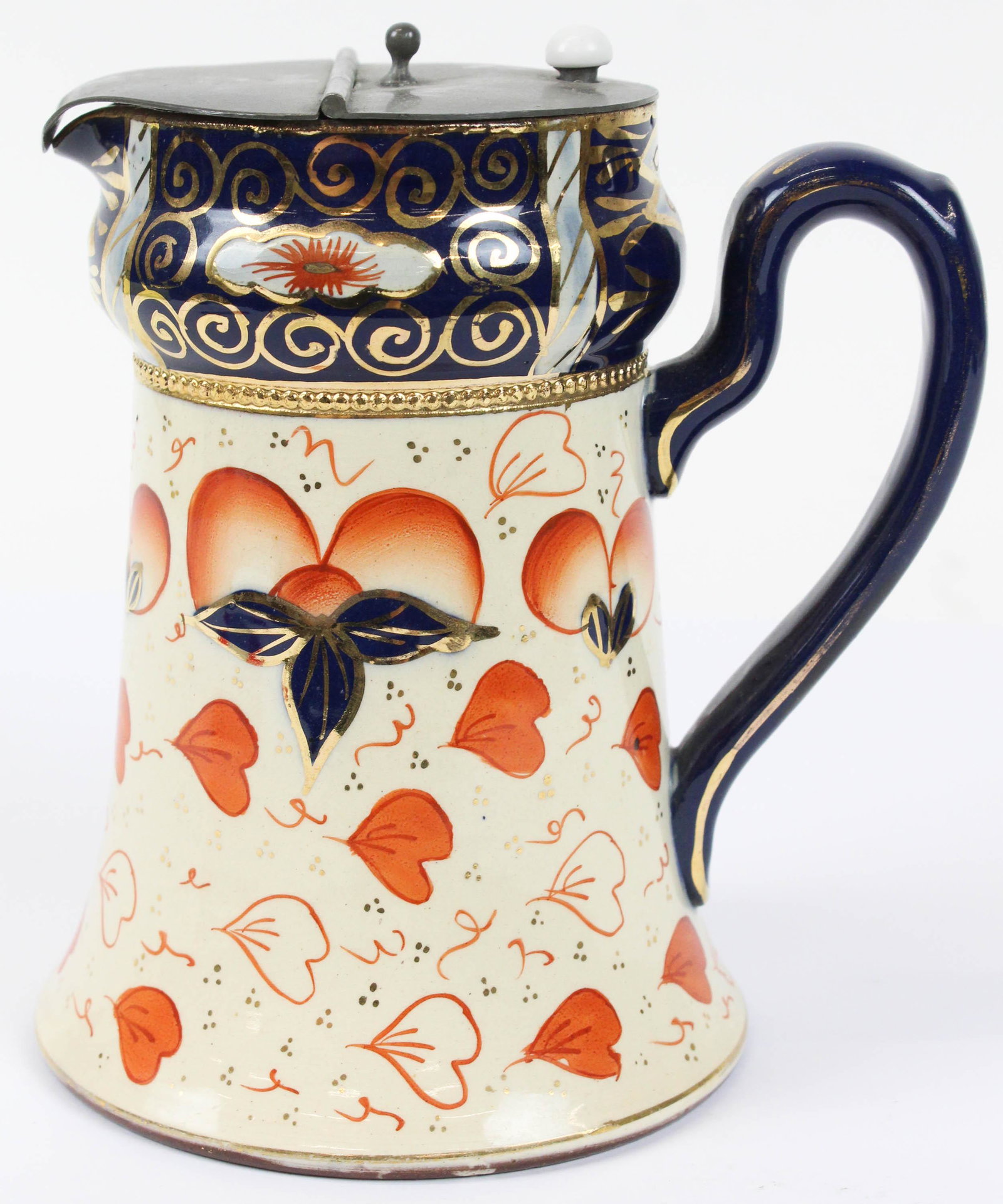 Royal Stanley Pewter Lidded Imari Syrup: Royal Stanley English pottery syrup pitcher with imari style decoration and pewter lid 7.25" x 6"