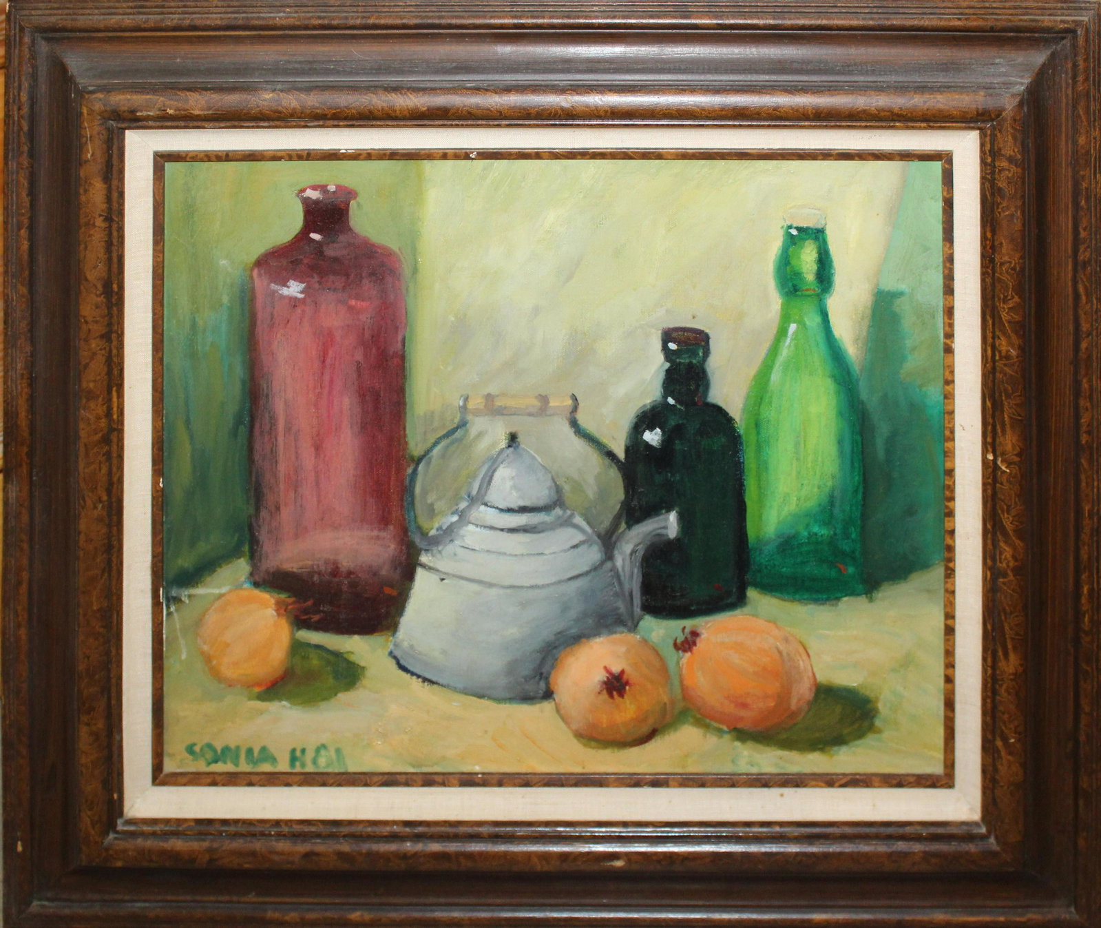Sonia Handleman (AM 1920-) Still life: Sonia Handleman (American 1920-) Still life with bottle oil on canvas signed Sonia H 81 lower left identified reverse 16 x 20"