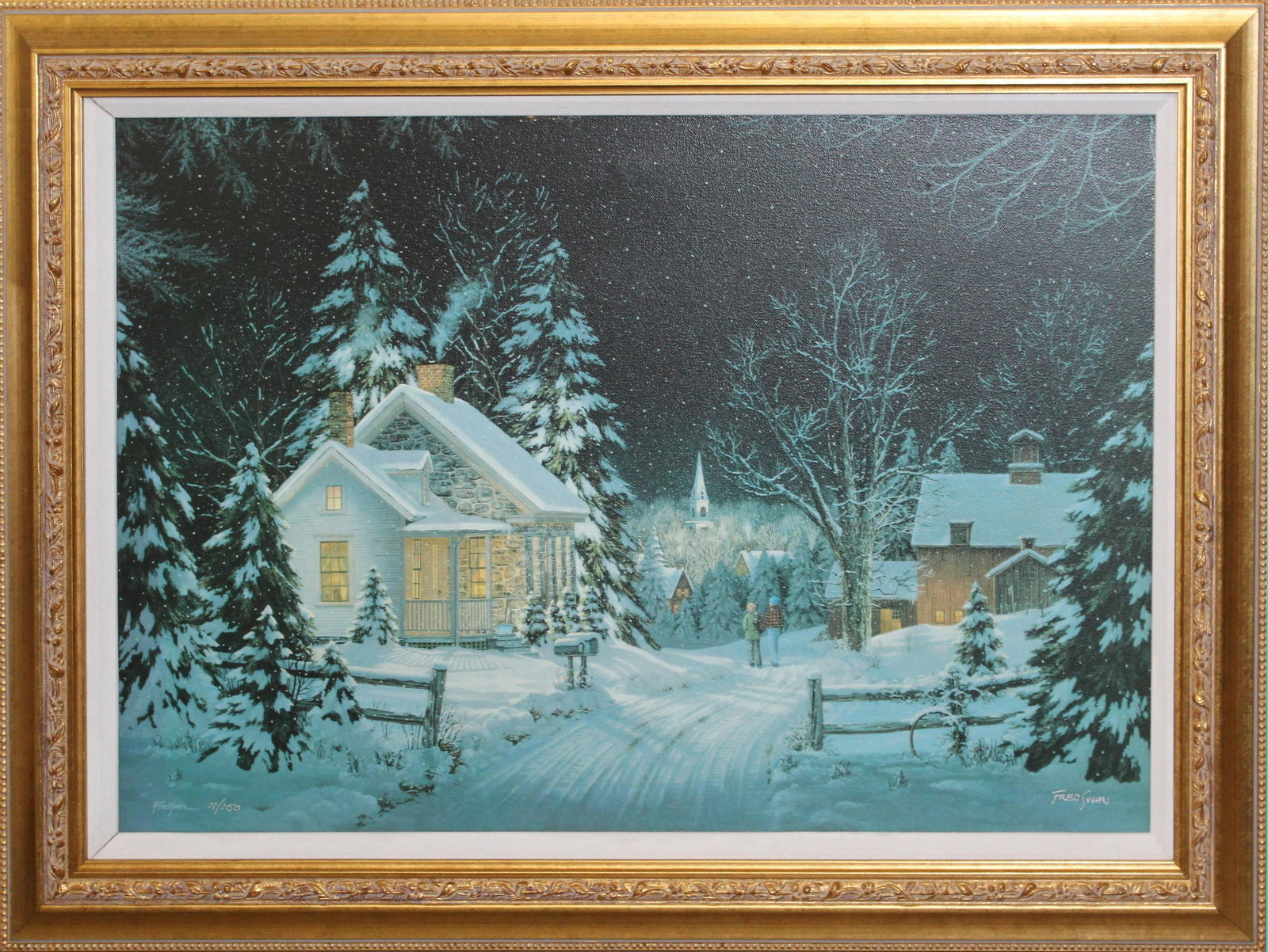 Fred Swan (VT contemporary) Winter night: Fred Swan (Vermont Contemporary) Winter Night Giclee on canvas signed and editioned 11/150 17 x 26"