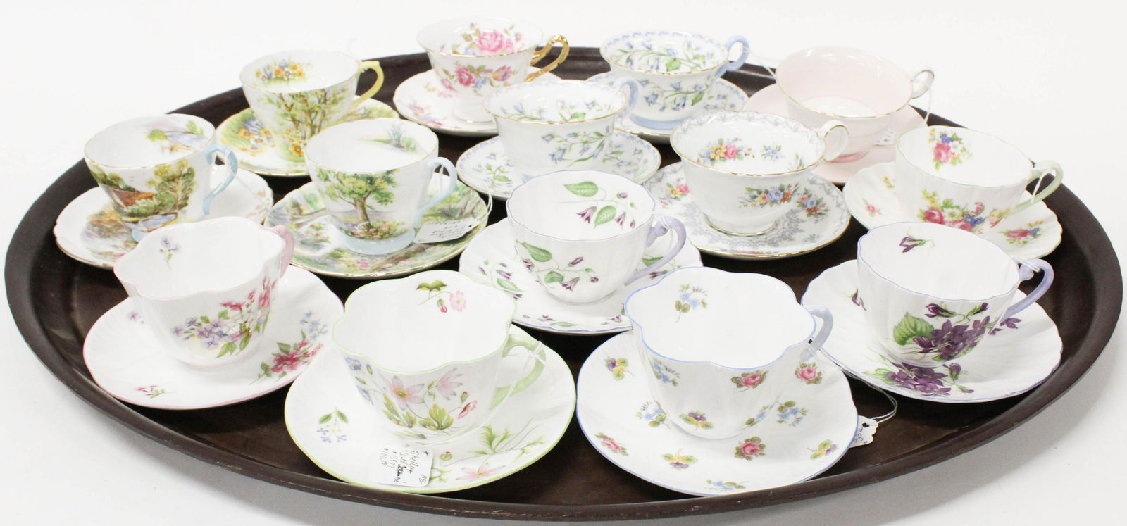 14 Shelley English Bone China Tea Cups and Saucers: Collection 14 fine Shelley English Bone China Tea Cups and Saucers in various patterns and floral motifs
