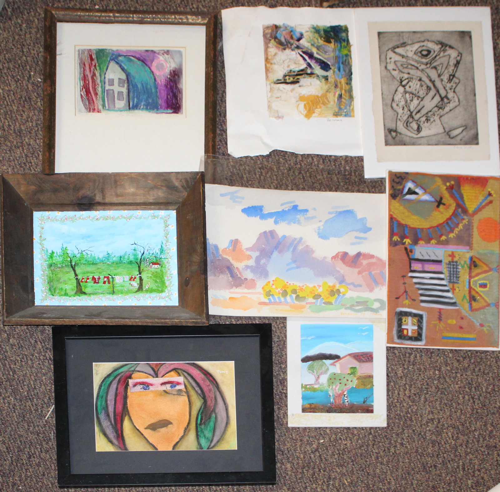 12 Pieces of Outsider Art: 12 Pieces of outsider art including tile painted by armless artist, Mark Utter, Dot Kibbee, M LaPri Grahor, Railsback, Haley, Chris Ritter, Ken Bridges, etc