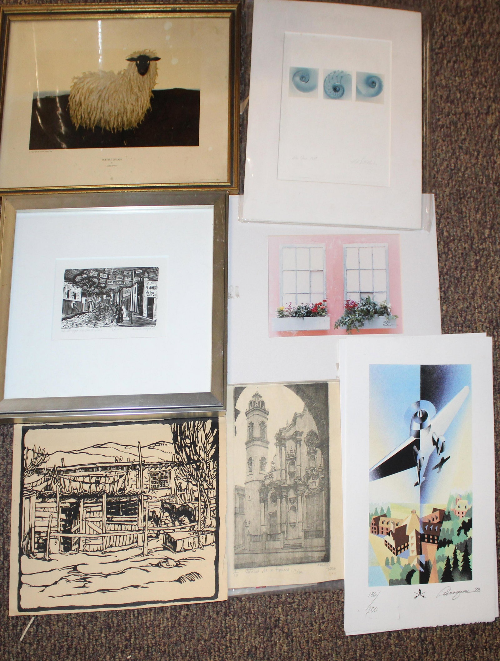 11 Contemporary Prints: 11 contemporary prints unsigned southwest adobe, Cathedrel de Havana signed Angelo, Anna Hogan- El Amigo De Los Ninos; James Wyeth -Portrait of Lady 1969 offset litho; Alain Levesque; Photo signed Sch
