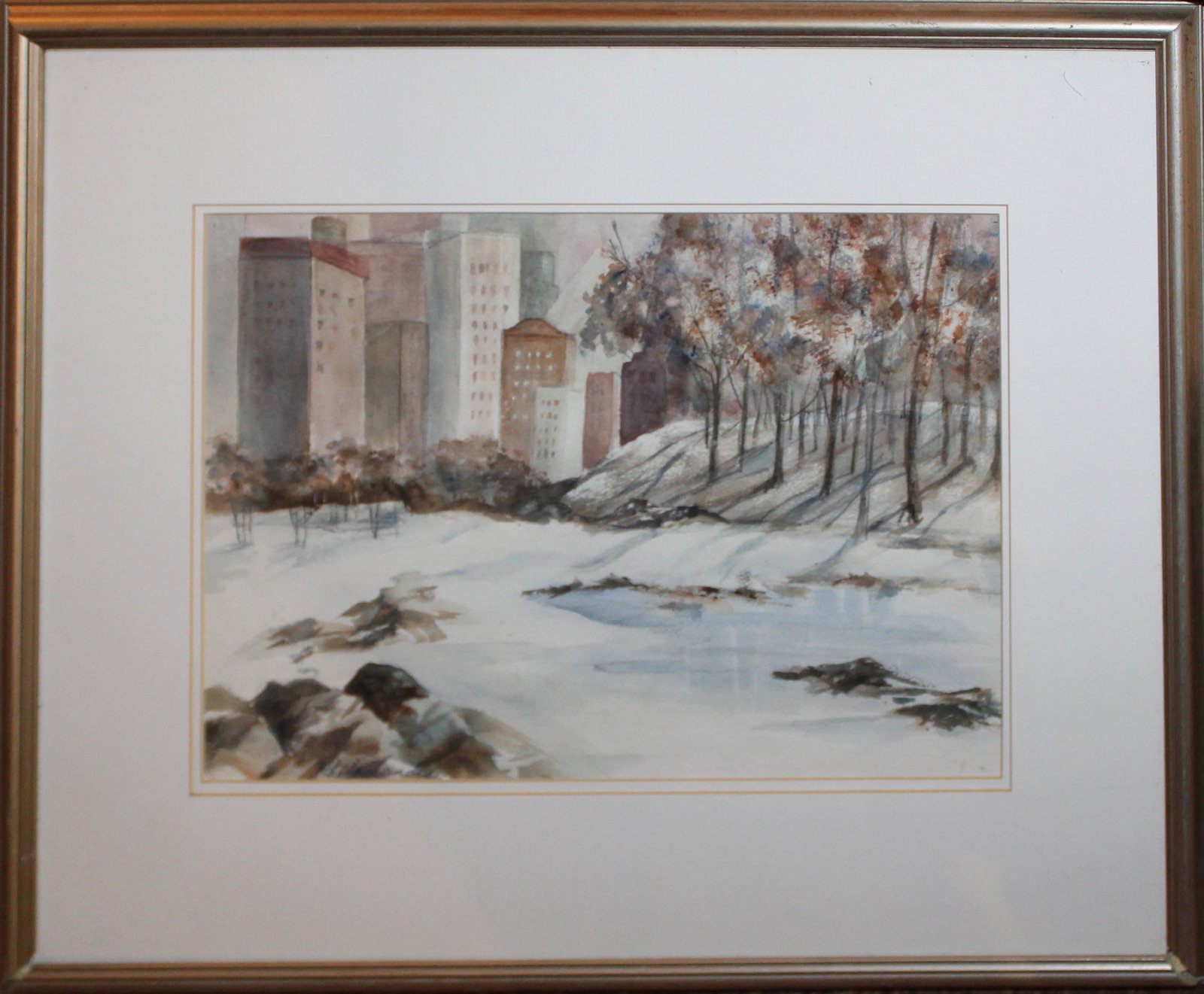 Rhoda Landis (AM 20th c) Central Park Winter: Rhoda Landis (American 20th c) Central Park Winter watercolor on paper signed lower right 10 x 14"