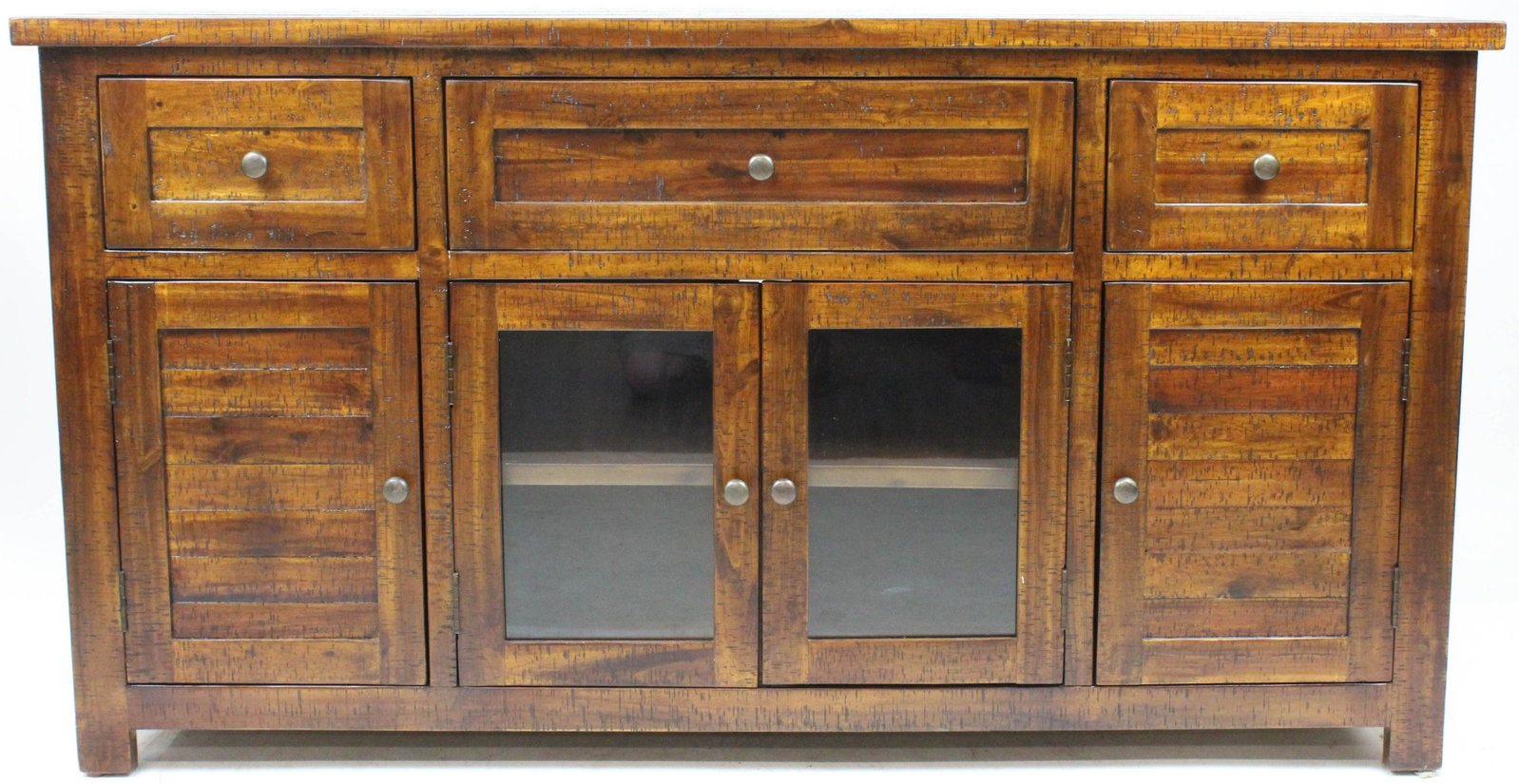 Modern Distressed Surface Sideboard: Contemporary distressed surface hardwood sideboard/ server in dark finish, made in Vietnam, length 5'