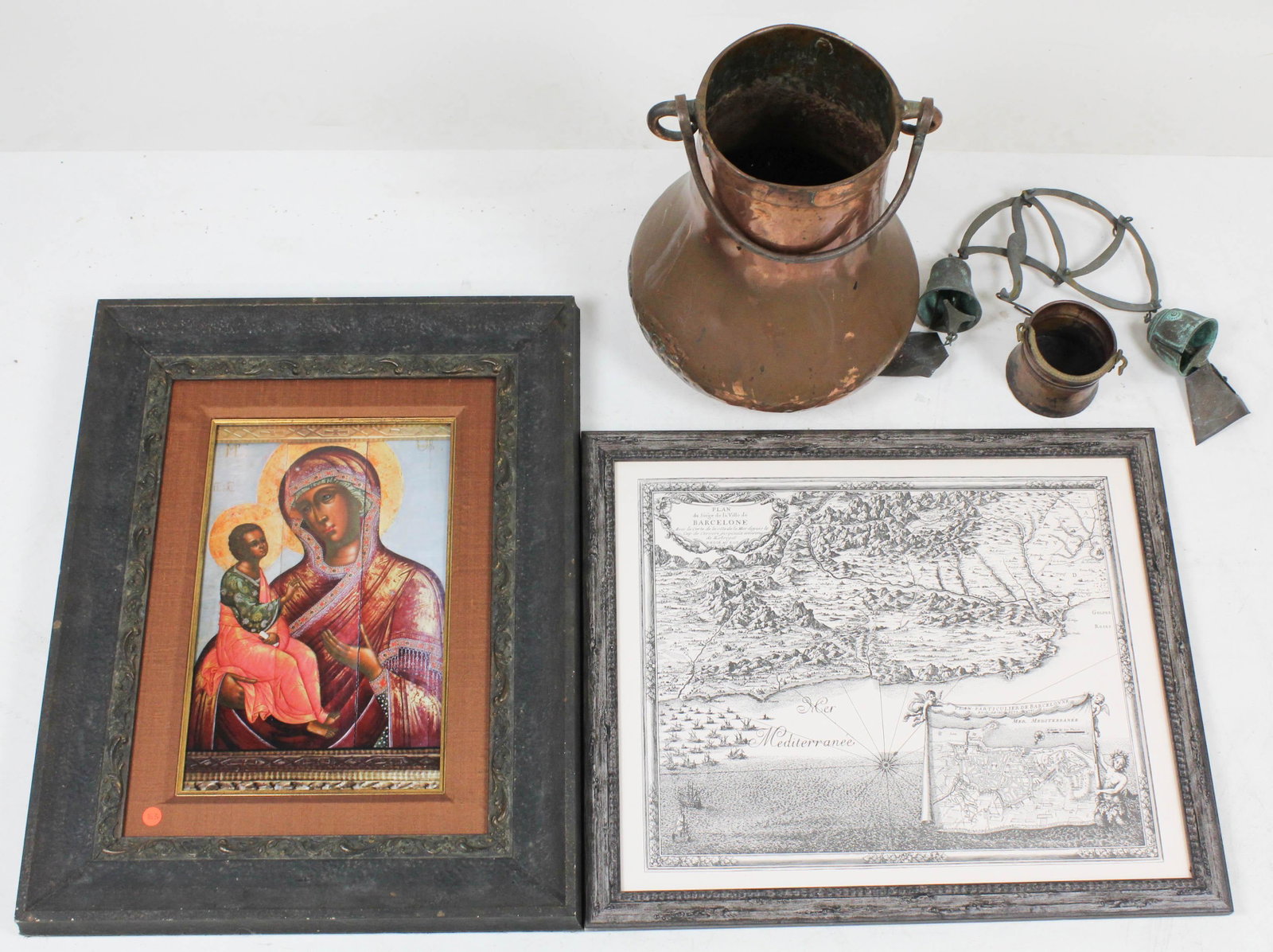 Icon Print, Restrike Map, Copper Pots: Framed print of Icon, framed map re-strike, 2 Middle Eastern copper & iron pots, brass bells, etc.