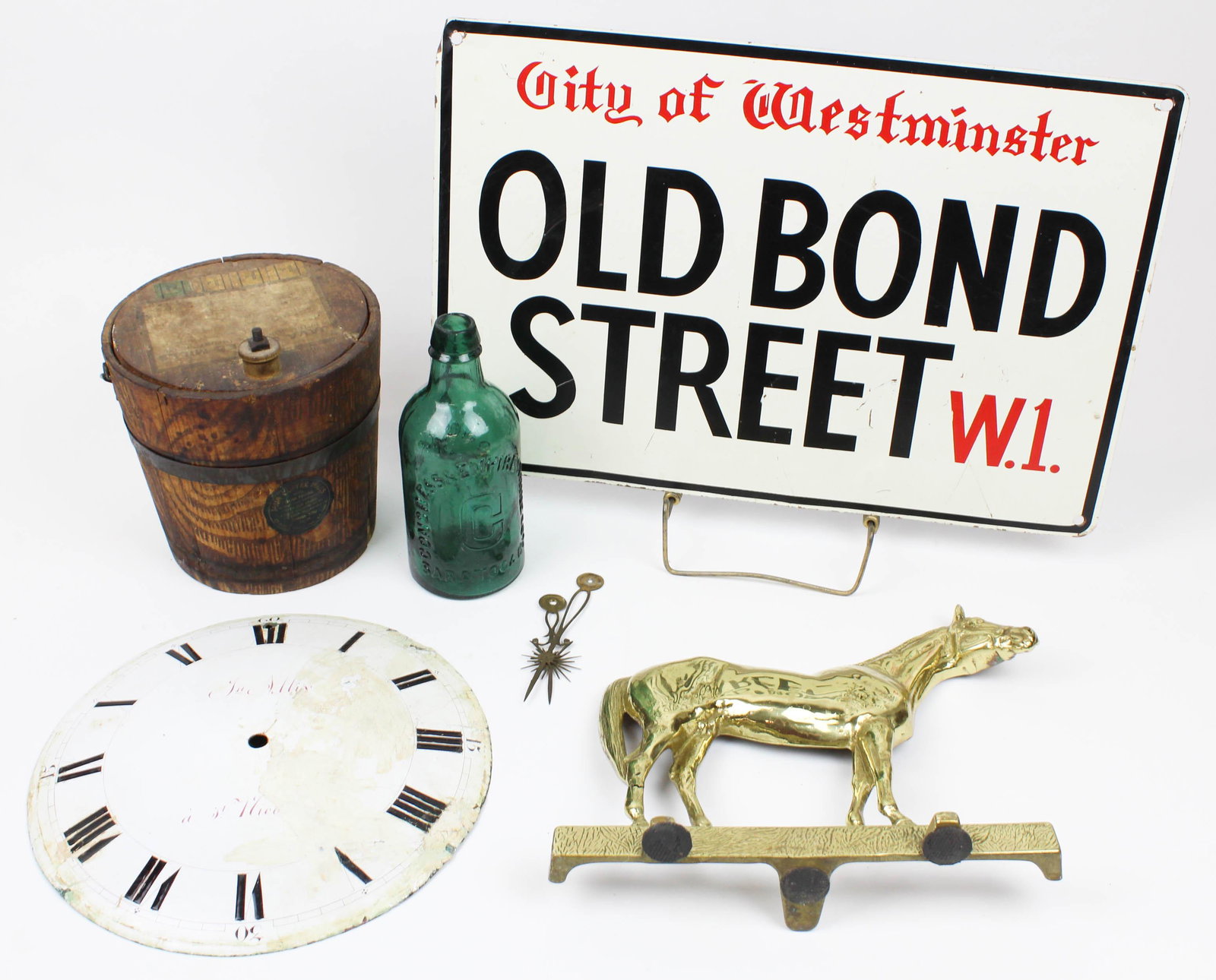 Congress Springwater, Bucket, Repro Sign: Congress & Empire C Spring pint springwater bottle, small swing handled wooden pail (Java Coffee Mills), early enameled clock face, repro brass horse doorstop, repro litho sign