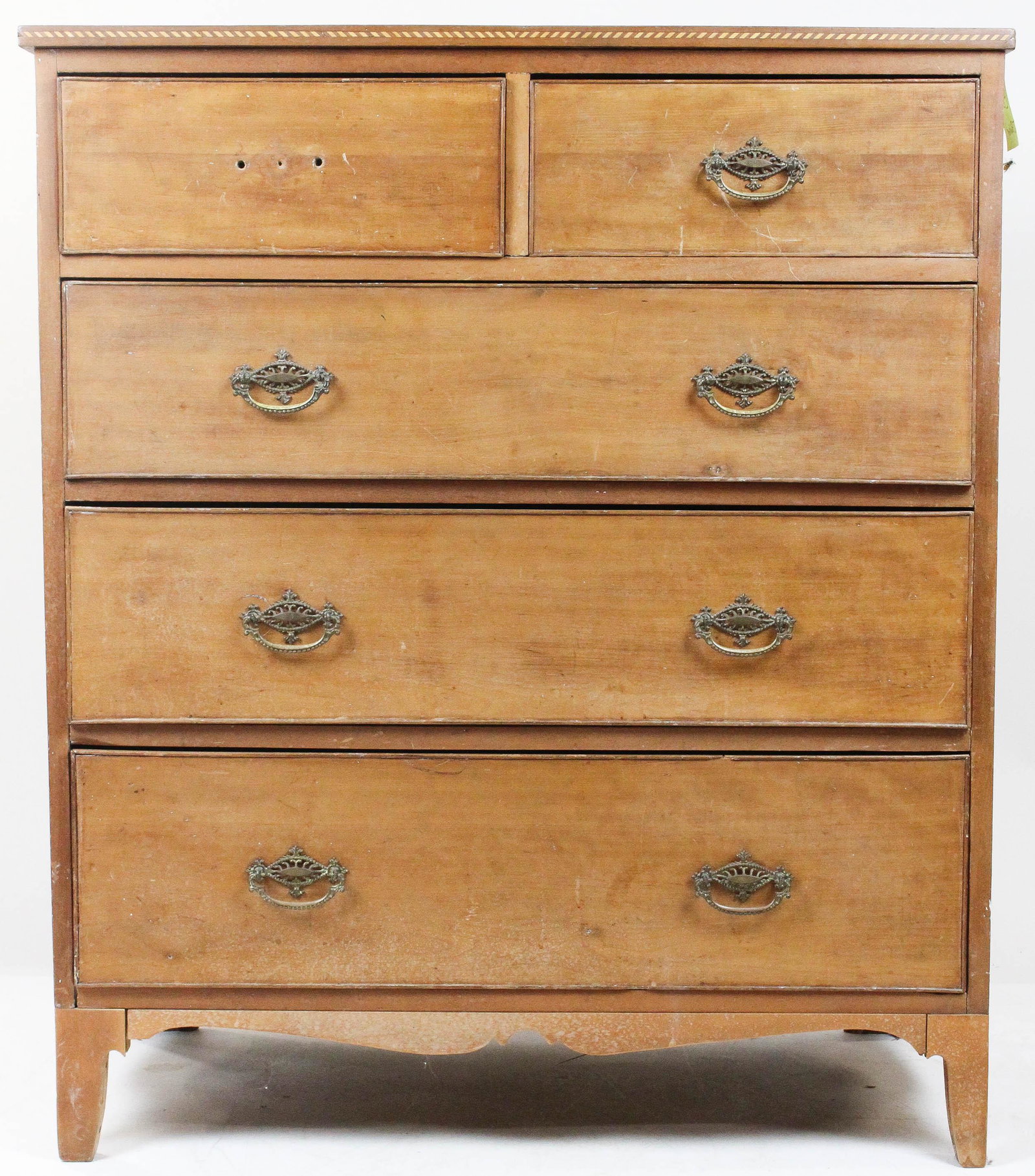 Mid Atlantic Hepplewhite Cherry Chest: Mid Atlantic Hepplewhite cherry inlaid chest of drawers with 2 drawers over 3 drawers, applied foot, candy cane inlay, refinished, width 38", ht 46", depth 20" deep.