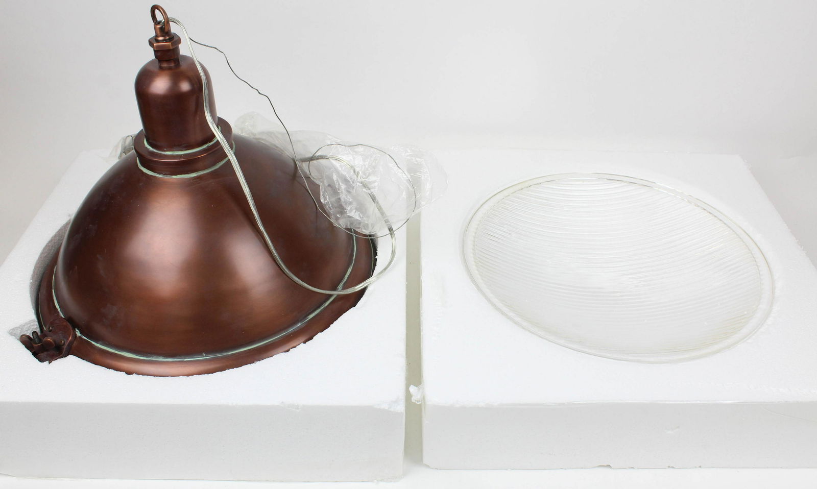 2 Restoration Hardware Hanging Light Fixtures: Pr of Restoration Hardware prismatic glass hanging light fixtures, copper painted, diameter 15", found in original packing