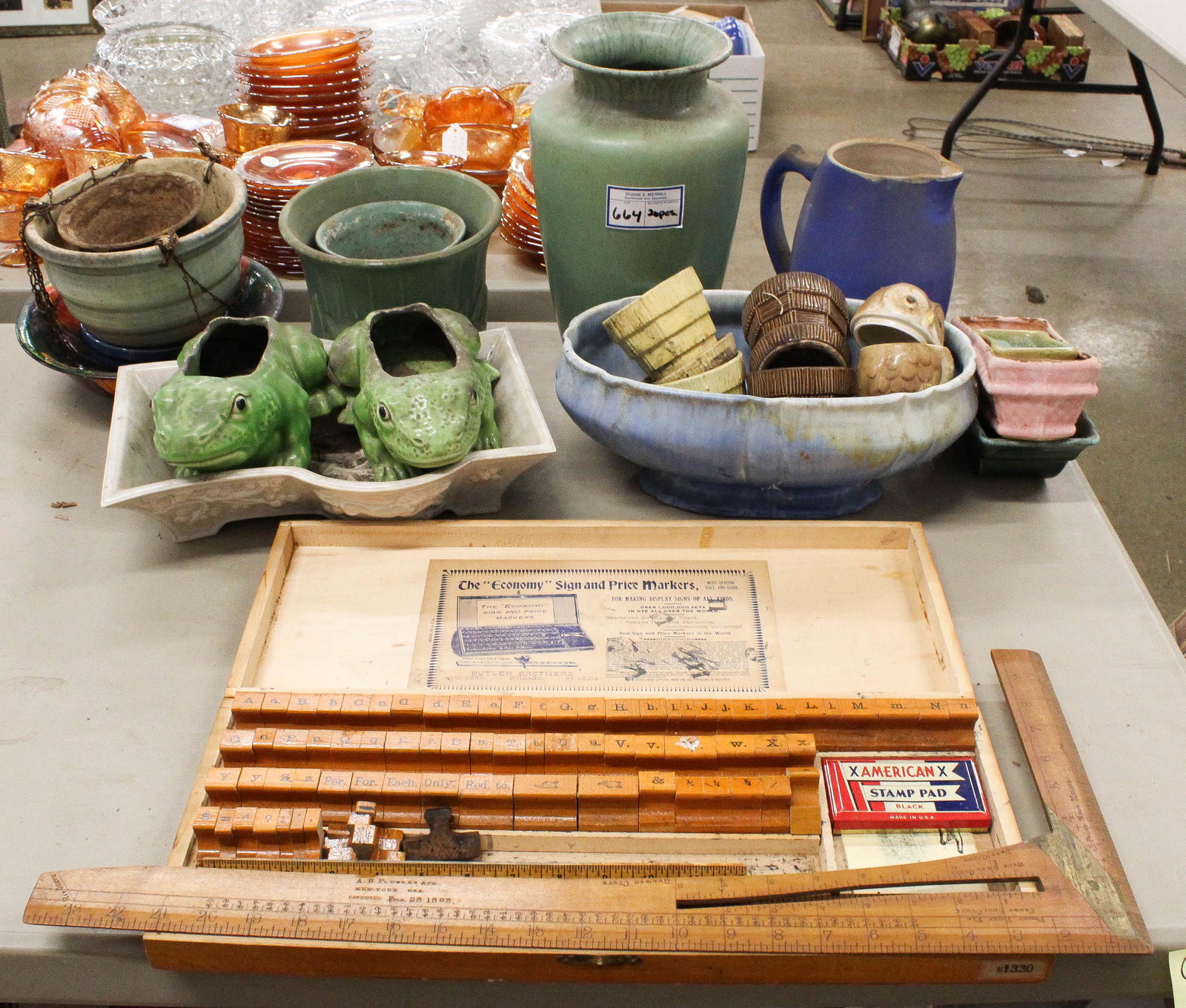 Lot of 20 pcs of Art Pottery incl. McCoy: Lot of 20 pcs. Art Pottery including German amphora form large vase with mottled green glaze, 4 small McCoy planters, Weller type Jardinere, Glidden planter, novelties, etc.