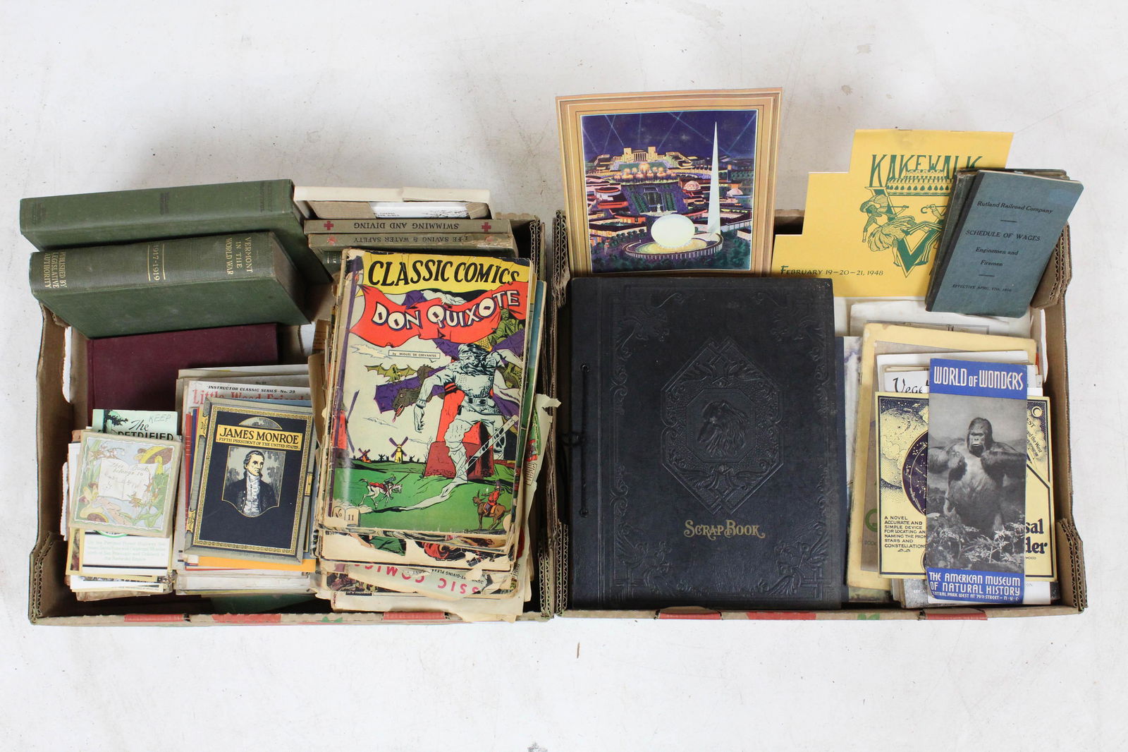 Group of Vintage Ephemera and Vermont Papers: Group of Vintage Ephemera and Vermont Papers, including 1930's "Classic Comics" (as found), Rutland Railroad firemans wages schedule and timetable book, Wallace Nutting Vermont Beautiful, Vermont in t