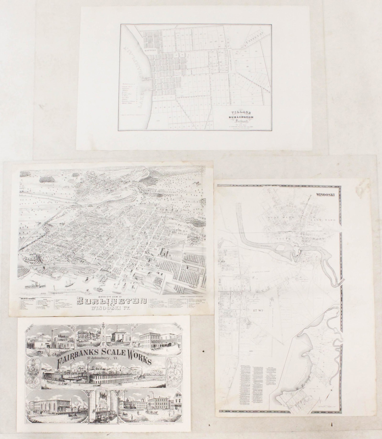 Reproduction Historical Maps of Burlington VT: Approximately 10 Reproduction Maps of Burlington Vermont including restrikes of 1830's and 1850's street maps restrike of 1877 Burlington birdseye view etc. all last quarter of 20th c in good overall 