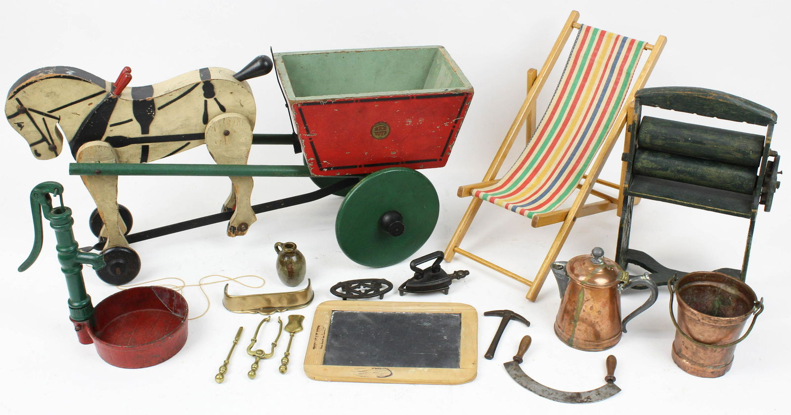 Vintage Toys and Miniatures: Vintage toys & miniatures, including Rich Toys horse & cart pull toy, cast iron well pump, brass, copper, & iron kitchenware, max length 21 1/2"