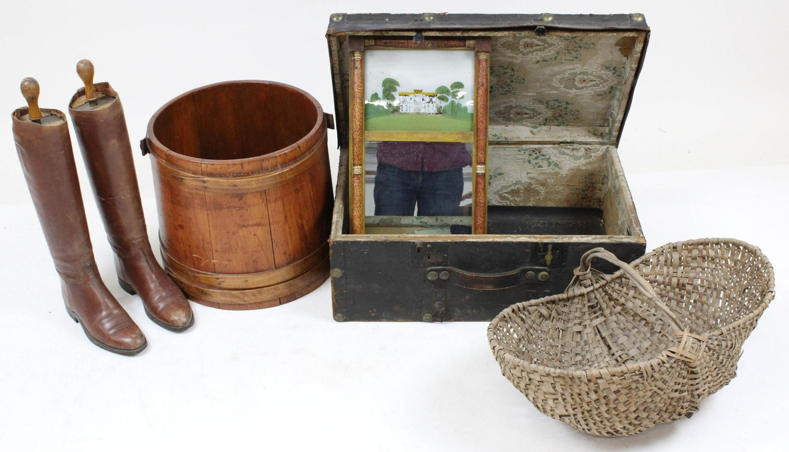 Ferkin, Federal Mirror, Basket, Trunk, Boots: Early wooden ferkin, Federal mirror with grain paint decoration, willow basket, early leather trunk with wallpaper lining, leather boots with boot forms