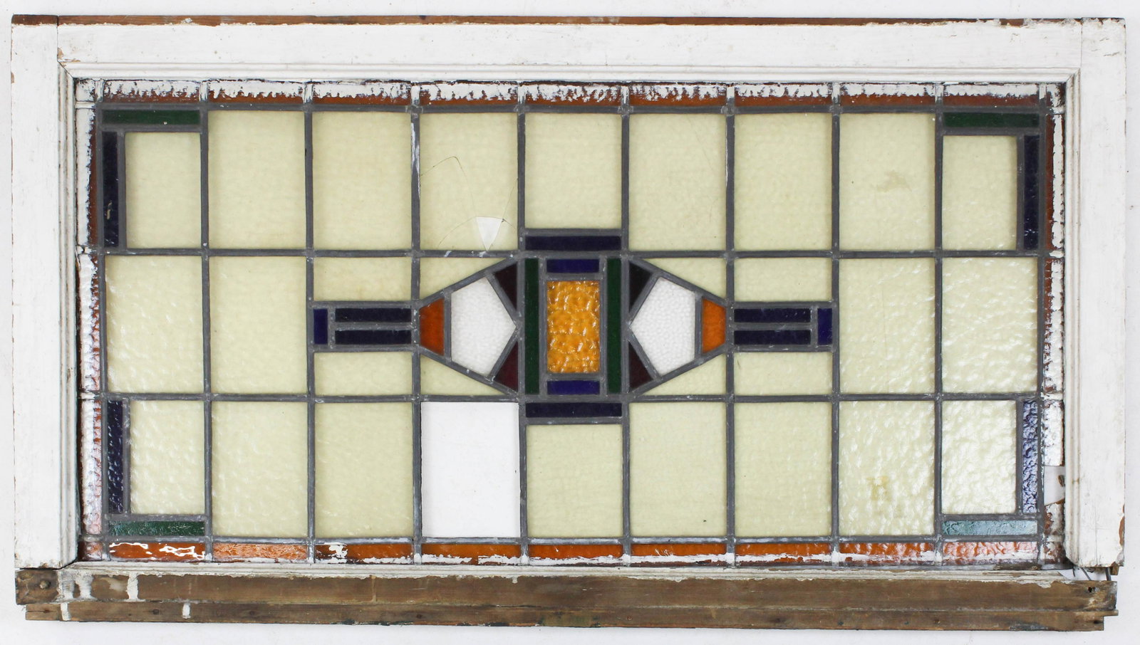 ca 1900 Leaded Stained Glass Window: ca 1900 leaded stained glass window (3 glass panels damaged, entire wooden frame loose), overall size 25 1/4" x 46 1/2"
