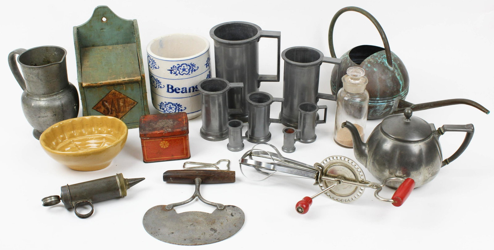 Vintage Kitchenware, Pewter Measures: Vintage kitchenware, set of pewter measures, etc