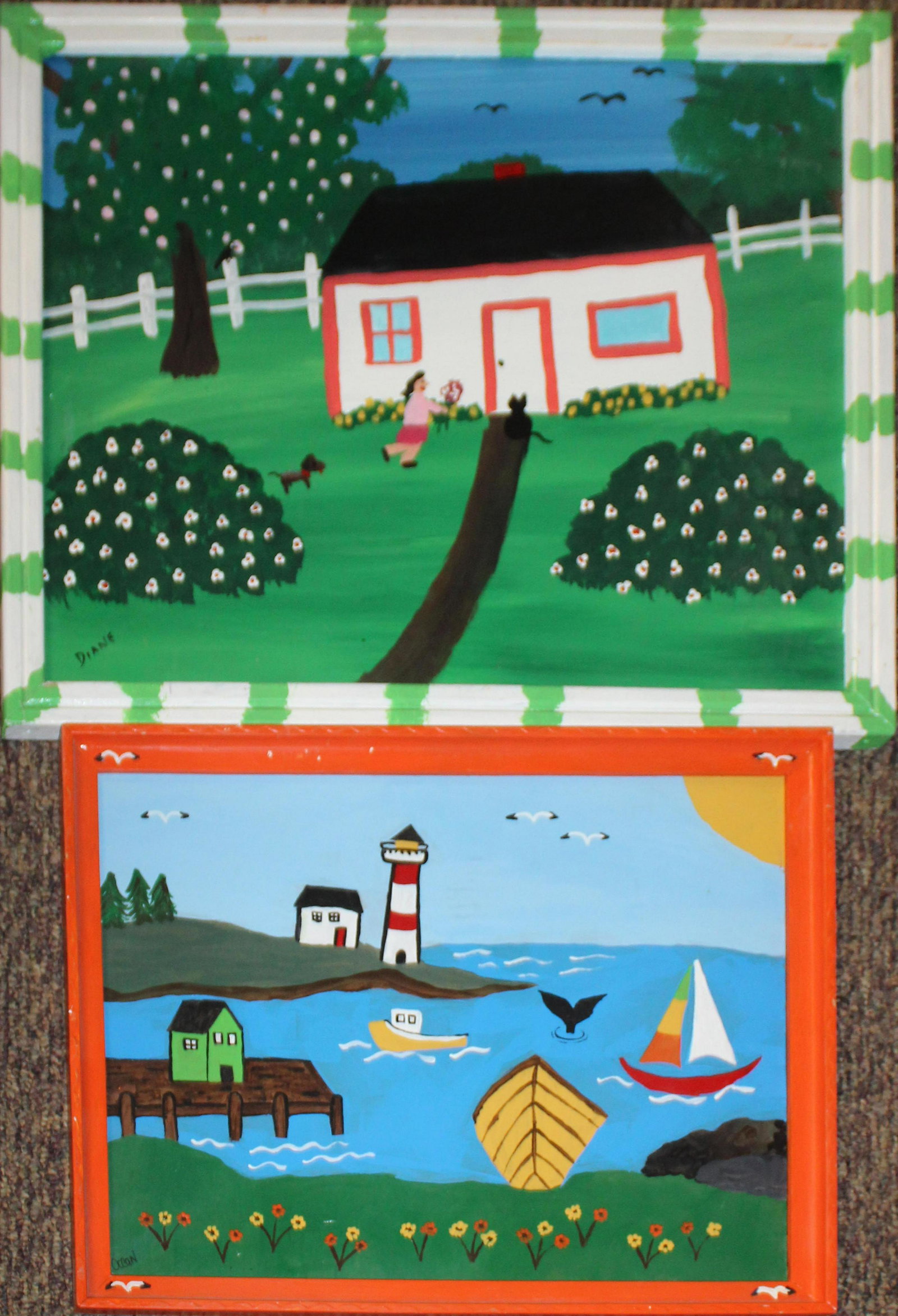 Diane Bourgeois (CA 1957-) Two Works: Two Works by Diane Bourgeois (Canada 1957-) "Flowers for Mom" 19 x 15" oil on board and Lighthouse signed as Jeannita Bourgeois 12 x 16" Diane is a Canadian naÃ¯ve painter who has exhibited extensiv