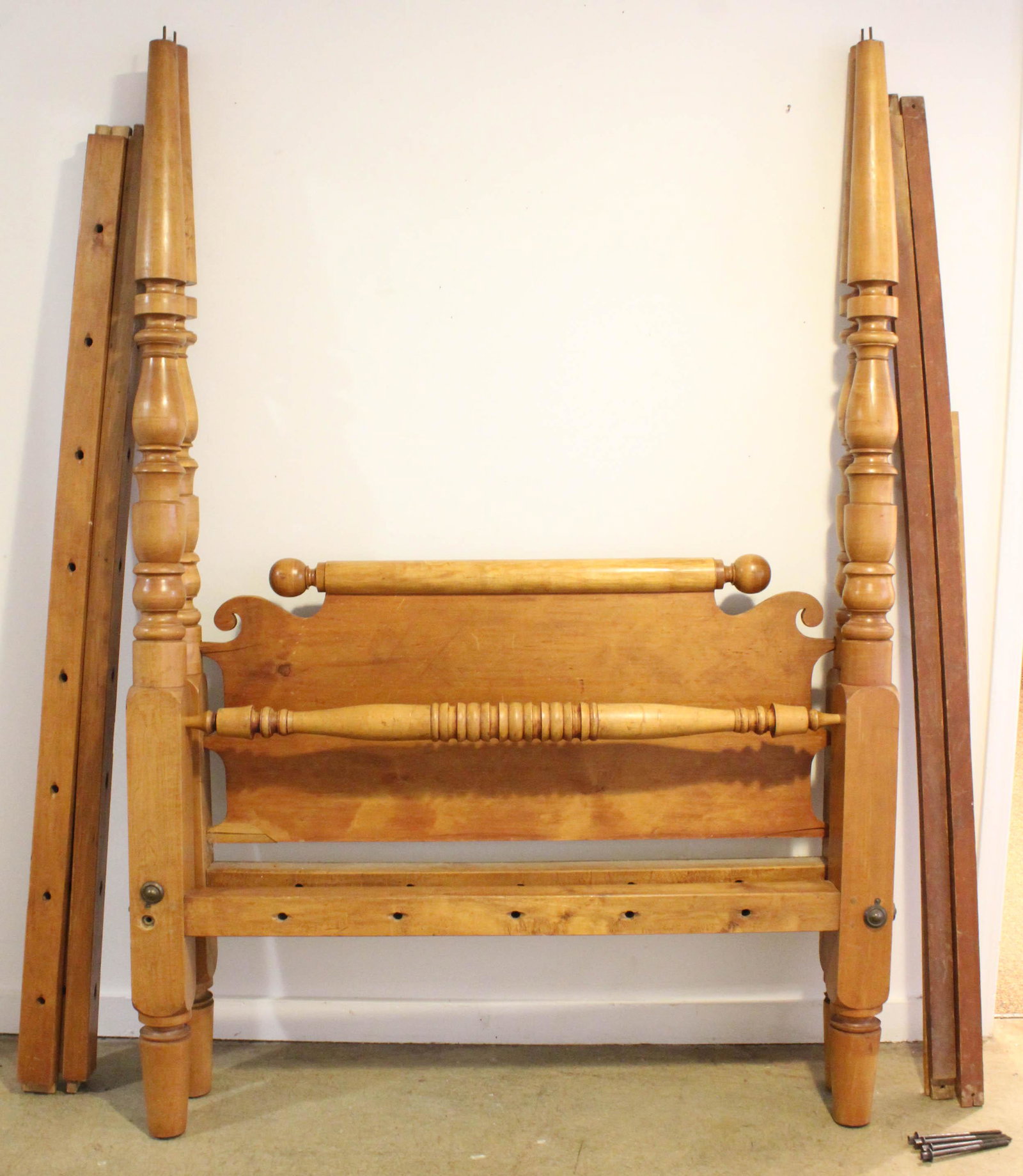 Early 19th c Sheraton Tall Post Bed: Early 19th c Sheraton cherry tall post bed, with canopy rails, 3/4 size, post ht 75 1/2",width 48", length 68 1/2", sold with older custom length 3/4 mattress